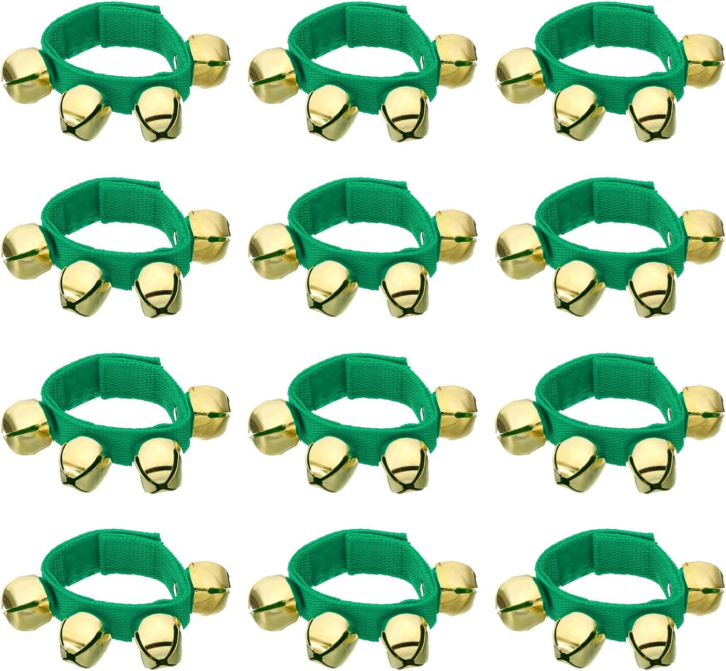 PATIKIL 12pcs Wrist Bells, Jingle Bells Ankle Bells Wrist Bells Bracelet Percussion Instruments Musical Rhythm Band with 4 Golden Bells for Party Christmas, Green