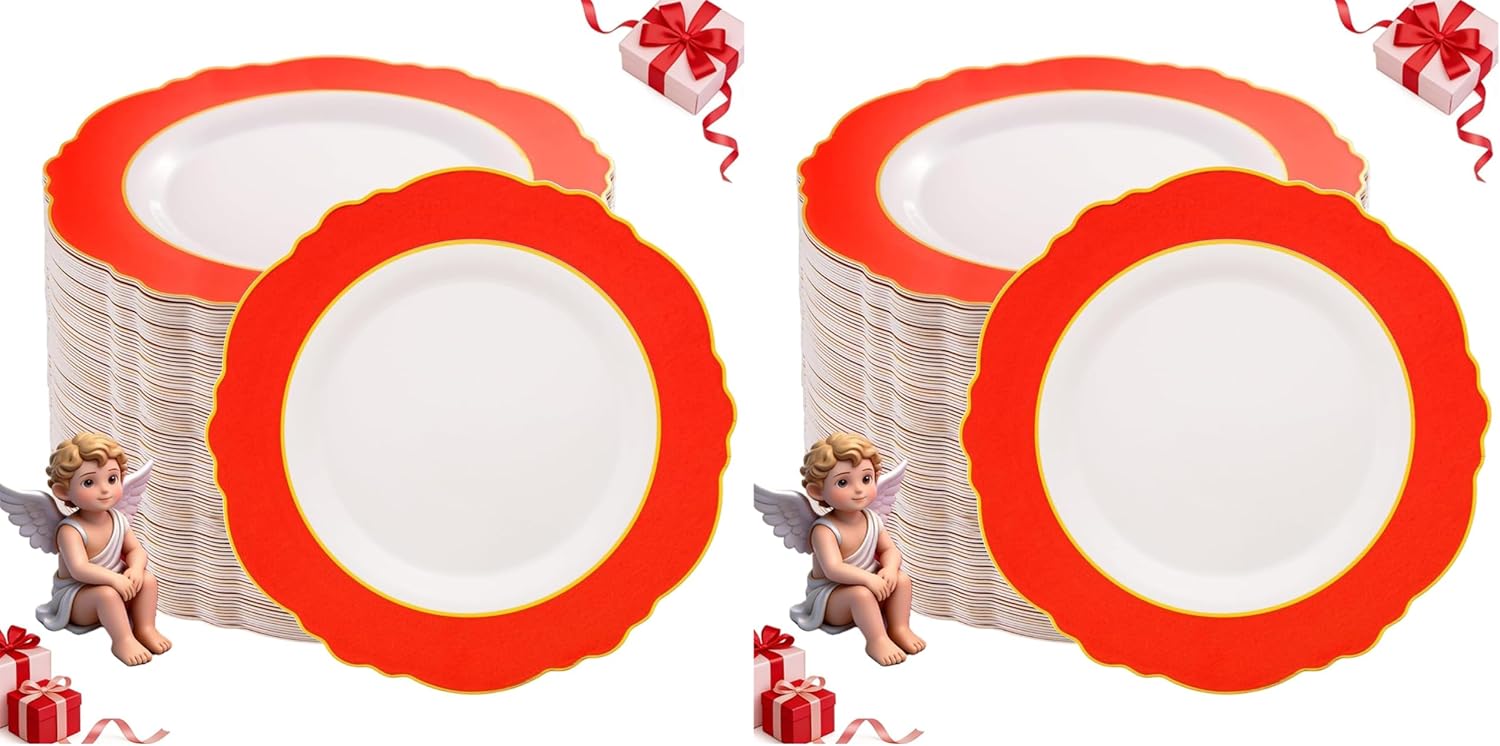 WDF 60pcs Red Valentines Plates Disposable - 7.5inch Heavy Duty Red Dessert/Salad/Cake Plates for Valentine's Day (Pack of 2)
