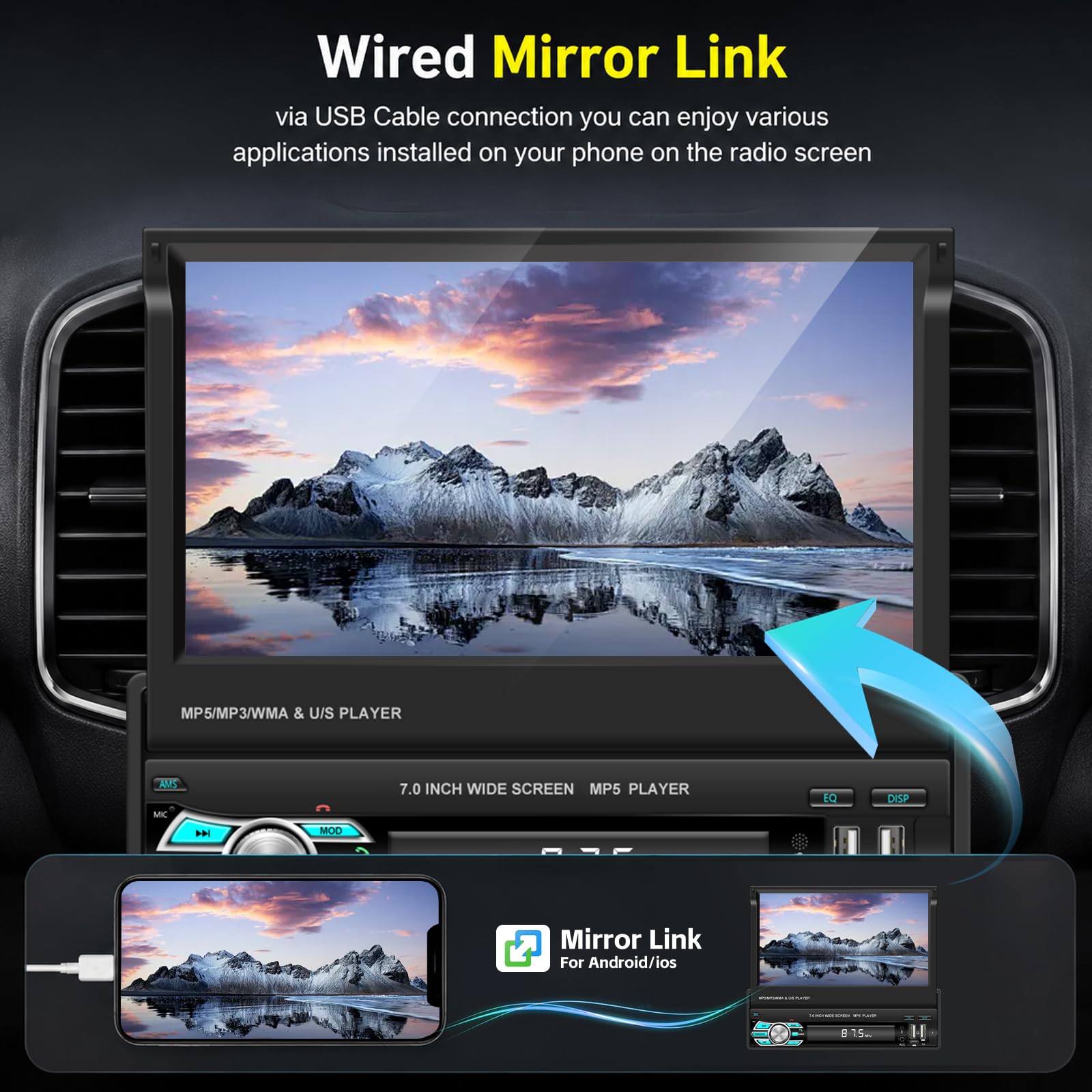 Autoradio 1 Din con Senza Fili Carplay e Android Auto