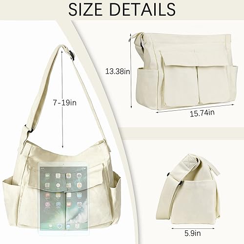 Miniatura 5 de JQWSVE Bolso bandolera de lona grande con múltiples bolsillos, bolsa de hombro de lona para mujeres y hombres