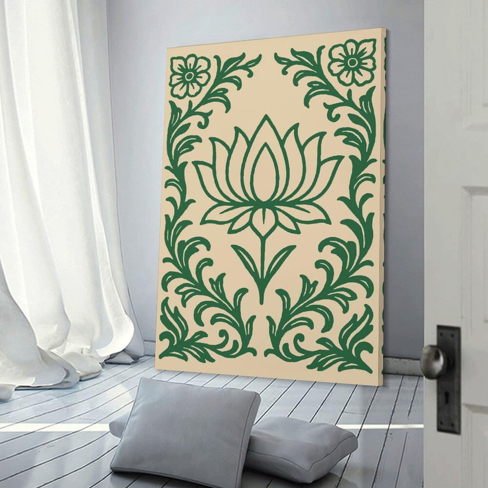 Junmoney Floral Lotus Green Pattern Wall Picture Print 08x12inch(20x30cm), for Hallway, Lounge Or Guest Room, Gift Idea for Housewarming And Birthdays