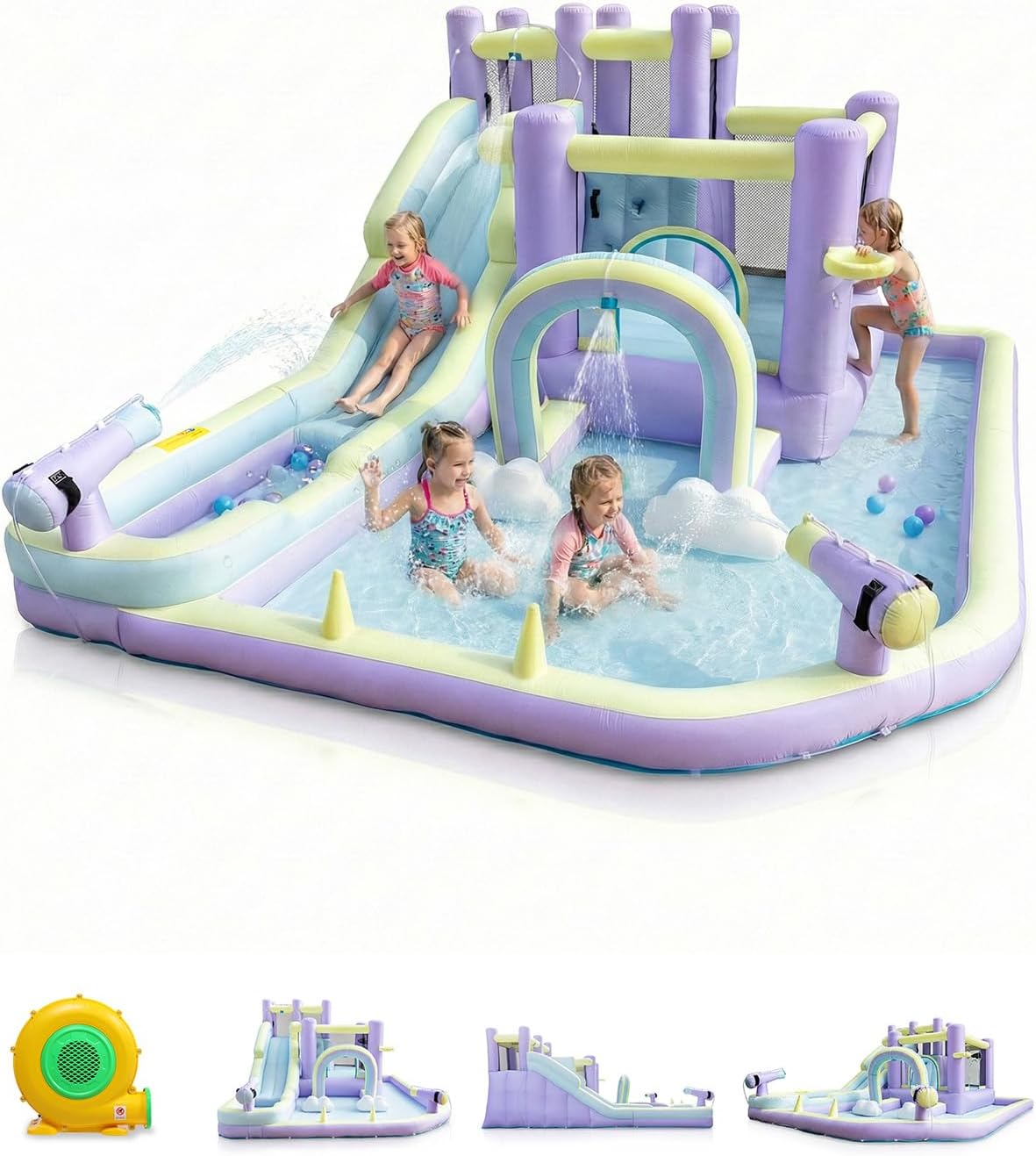 Ktaxon 8-in-1 Inflatable Water Slide with Rainbow Spray Arch, 16x12x7.3FT Large Bounce House w/Extra-Long Water Slide, Splash Pool & Water Gun, 750W Blower for Backyard Park Summer Fun
