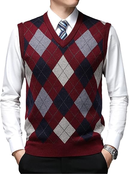 Autum Designer Pullover Diamond Sweater V Neck Knit Vest Men Wool  Sleeveless Casual Men Burgundy S : Amazon.co.uk: Fashion