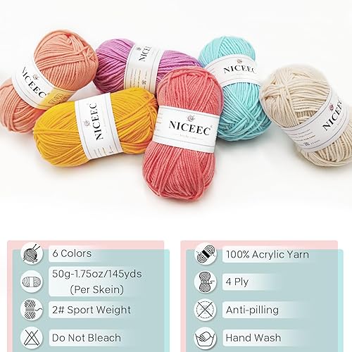 Miniatura 4 de NICEEC Hilo suave de colores surtidos de 10.58 oz, peso deportivo, 100% acrílico, 4 capas, hilo de bombones para ganchillo y punto, kit de