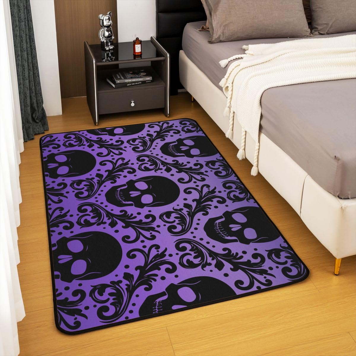 Loussiesd Tapis Salon 100x150cm Crâne Violet Tapis d’intérieur et d’extérieur Gothique Boho Bohème Doux Antidérapant Moderne Goth Damask Imprimer pour Salon et Chambre Lavable