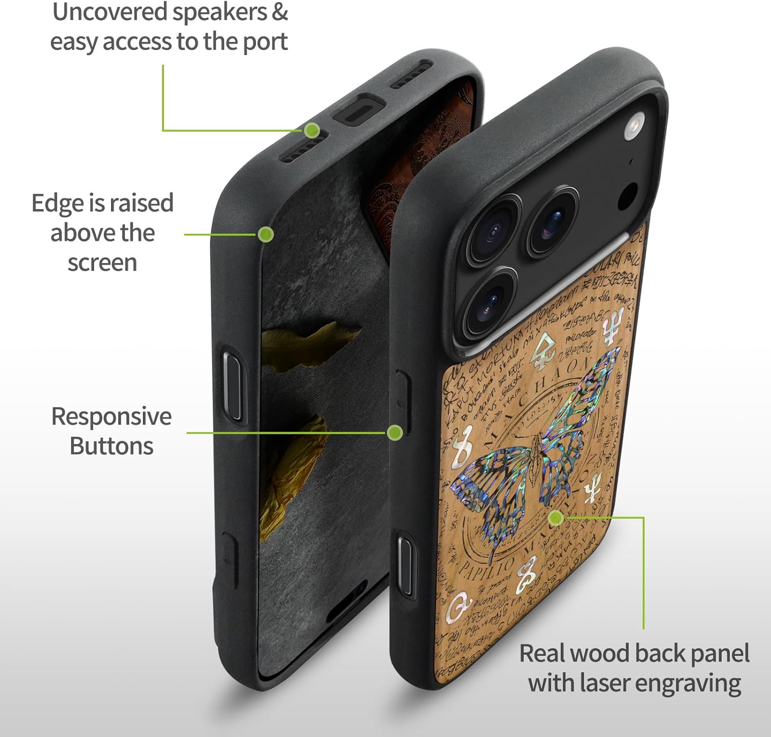 Carveit Magnetic Case for iPhone 17 Pro Max Case, Wood Artisan Engraved & Handmade Shell Inlaid, TPU Shockproof Cover, Compatible with MagSafe Wireless Chargers (Papilio Machaon-Cherry)