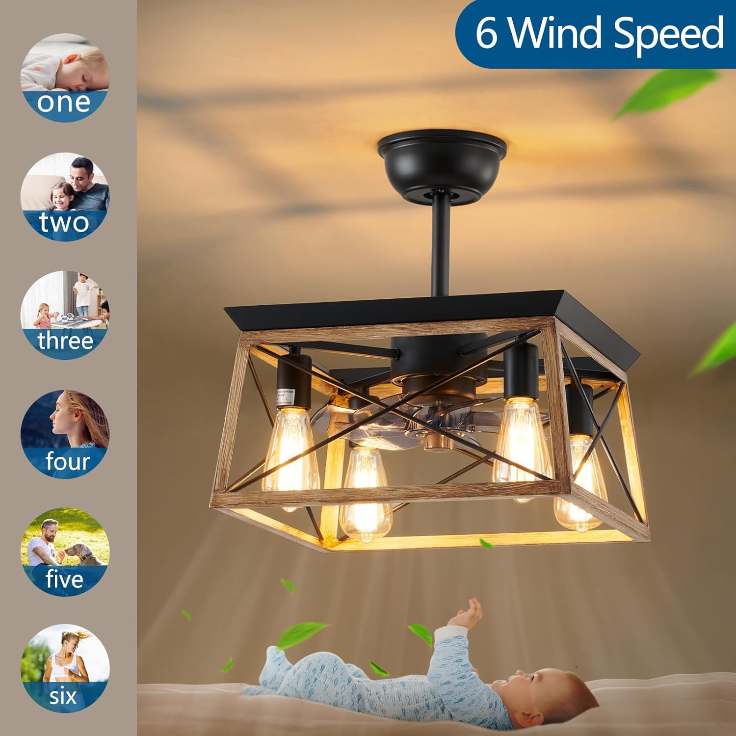 HuixuTe Ceiling Fan with Lights Remote Control, 6 Speeds Walnut Colored Farmhouse Industrial Ceiling Fan, Caged Ceiling Fan with Light for Bedroom Living Room Kitchen