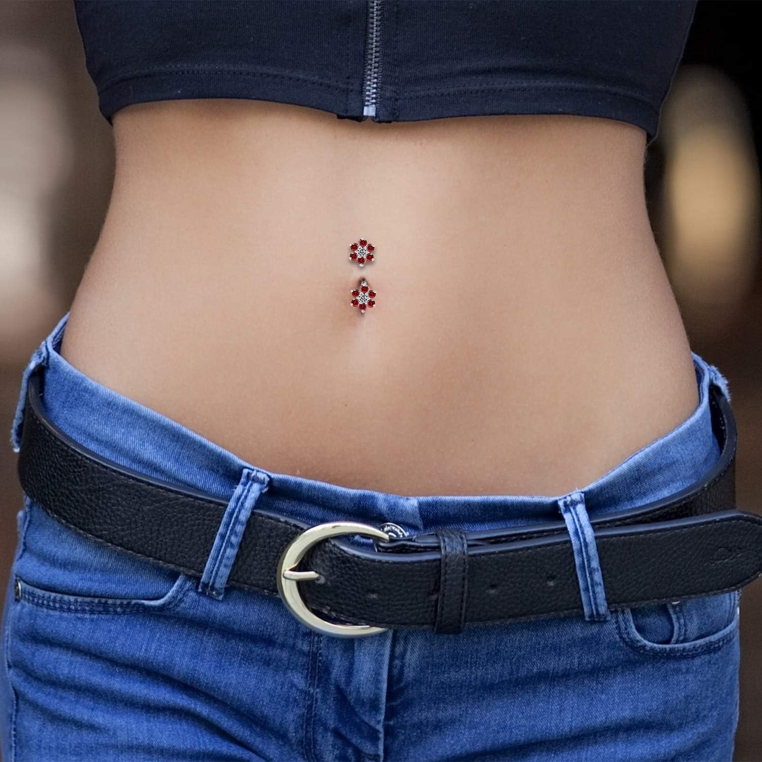 Studded Mini Flower Double Side Design 925 Sterling Silver with Stainless Steel Belly Ring - Belly Button jewelry - Navel jewelry - Silver Navel Ring