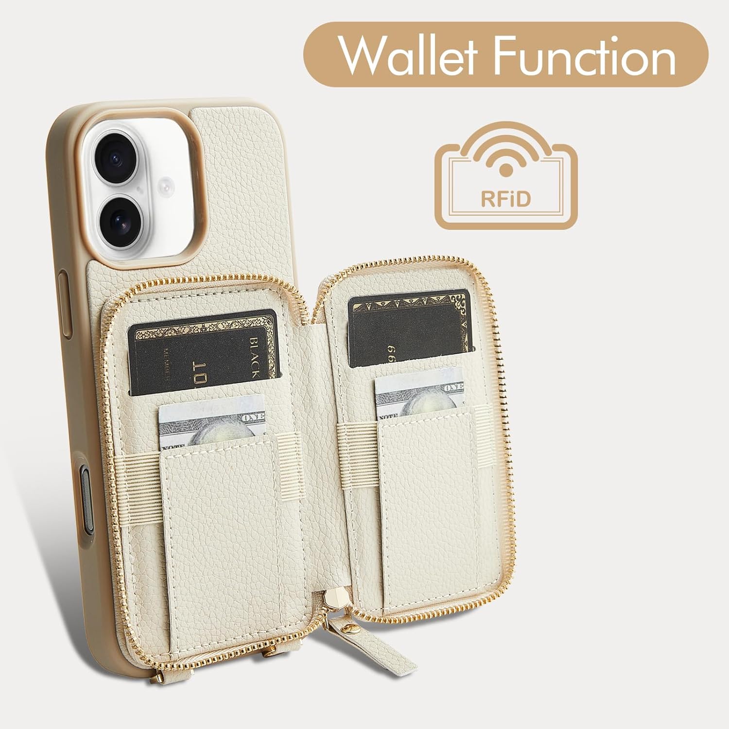 ZVE for iPhone 16 Case Wallet, RFID Blocking Leather Case with Card Holder, Crossbody Wrist Strap Phone Case for Women for iPhone 16 6.1" Beige - Image 2