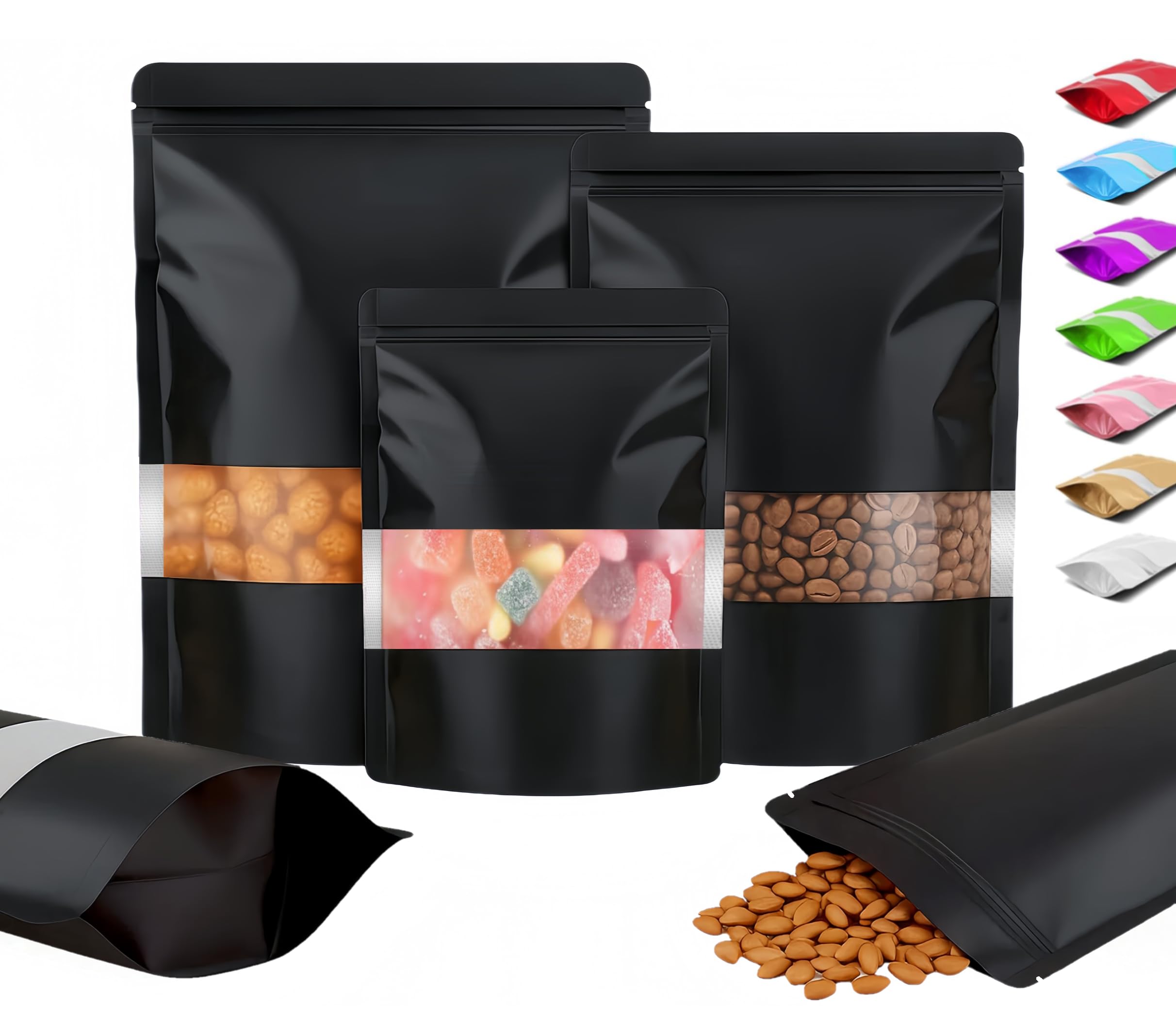 Plaphy 100Pcs Resealable Stand-up Pouches with Window (Black, 15 x 22 cm)