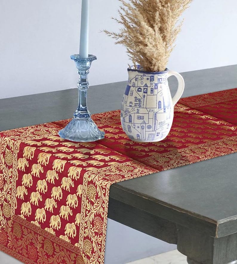 Image of Living Room Decor Handmade Banarasi Silk Table Runner for Center /Dining Table (16 x 60 Inches) (Heavy Zari Brocade ) (Red)