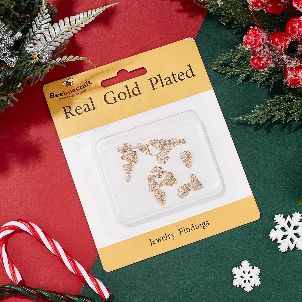 Beebeecraft 1 Box 14Pcs Christmas Pendant Charms 18K Gold Plated Brass Charm Mixed Vintage Cubic Zirconia Snowflake Tree Bell Charms for Jewelry Making Necklace Bracelet Christmas Ornaments DIY Crafts