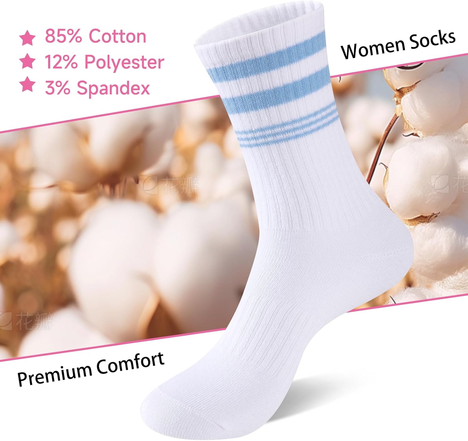 eallco 7 Pairs Womens Crew Cotton Socks Casual Breathable Striped Calf Socks for Women - Image 4