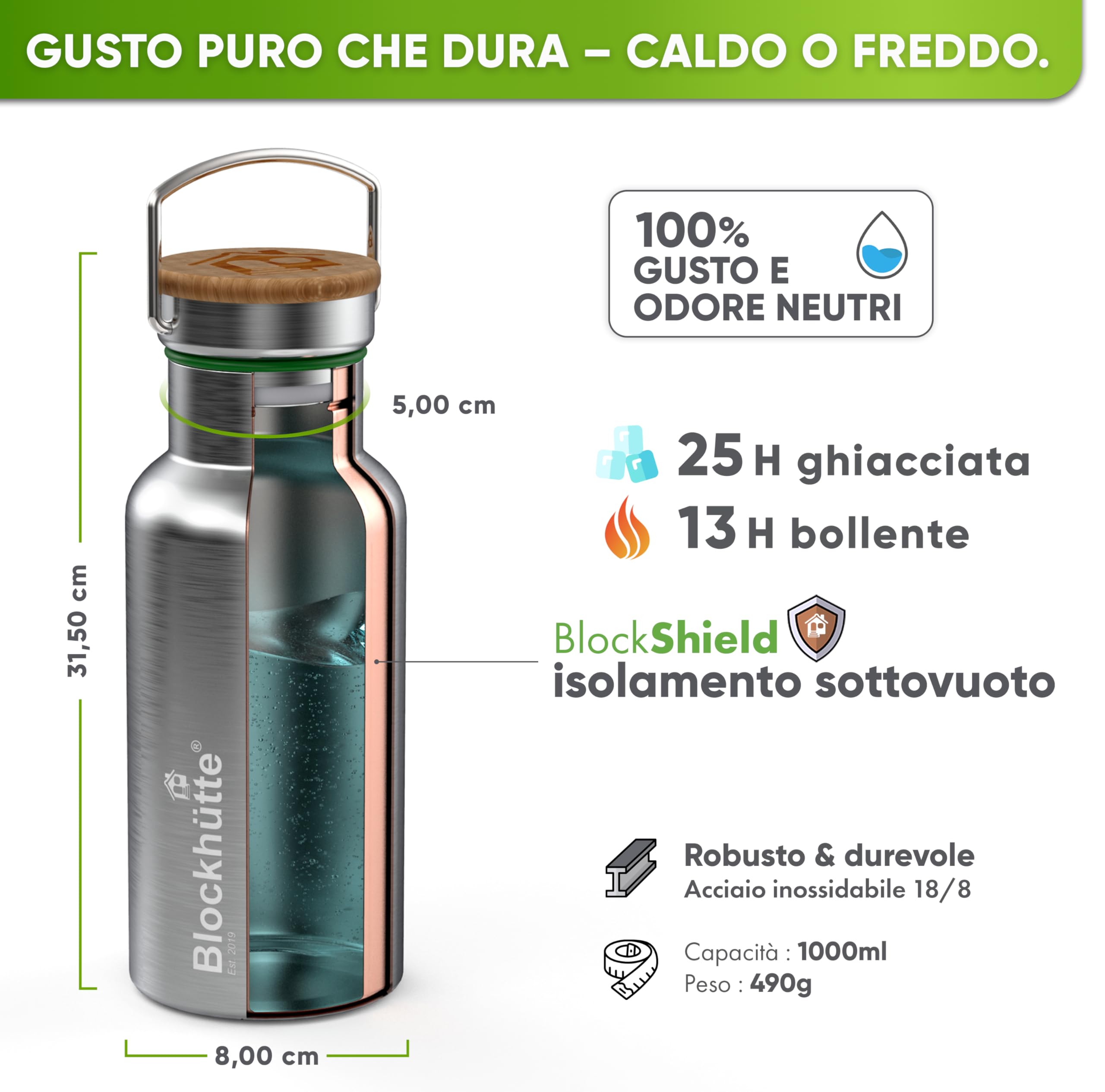 Blockhütte Borraccia Termica Acciaio Inox, Thermos per Bevande Calde fino a 13 ore, Bottiglia Termica a prova di perdite, Borraccia Palestra, Bottiglia Acqua lavabile in lavastoviglie