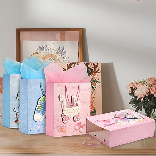Miniatura 4 de BGWJEX Bolsas de regalo con pañuelos, paquete de 4 bolsas de papel kraft con asas a granel, bolsas de regalo grandes para baby shower, bolsas de