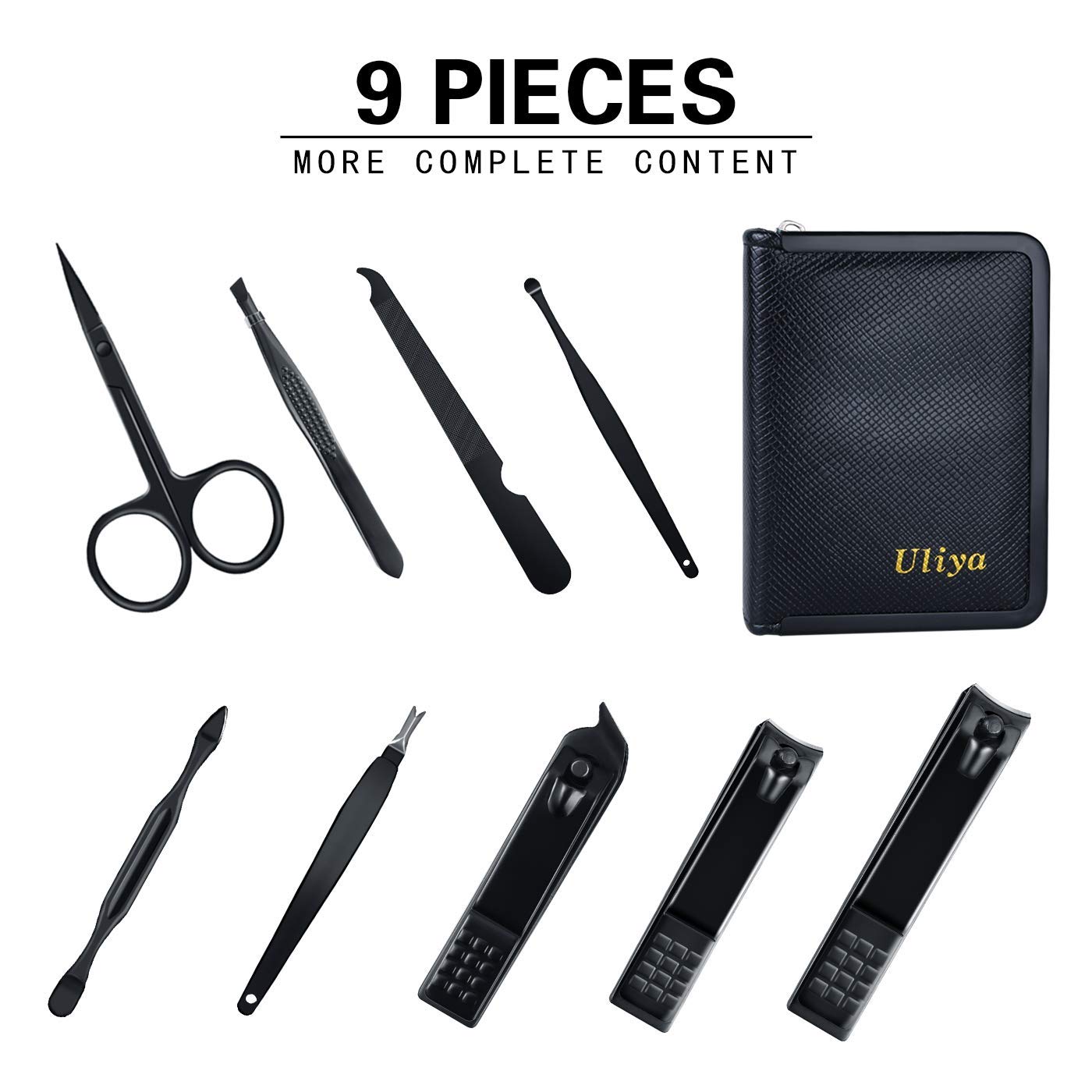 Manicure Set, 9 in 1 Nail Clippers Kit Professional Stainless Steel Pedicure Tools with Luxurious Leather Travel Case Grooming Kit for Travel or Home (Black)