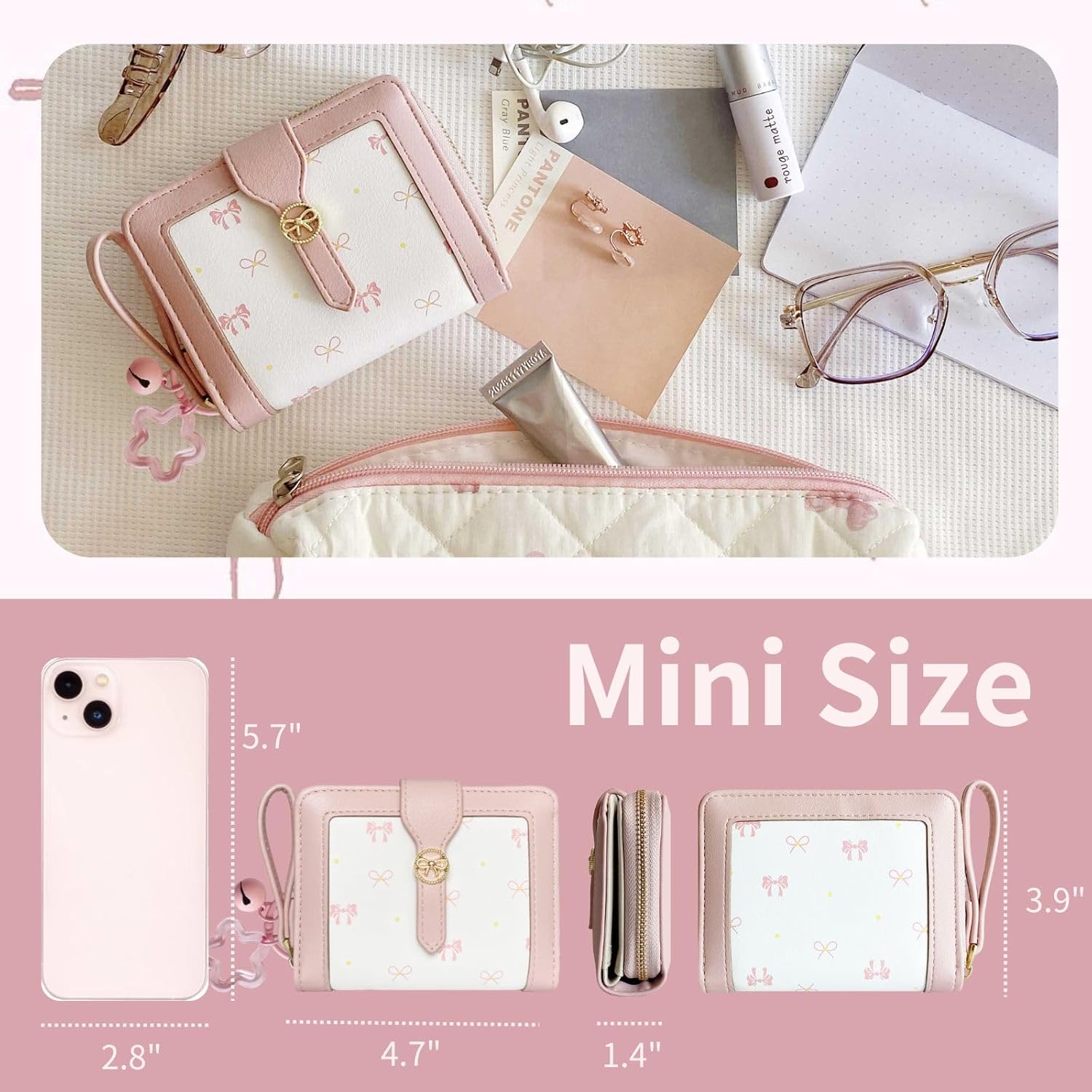Cute Wallet Girls Bow Small Little Wallets For Women Zipper Coin Pocket Purse (Pink) - Image 4