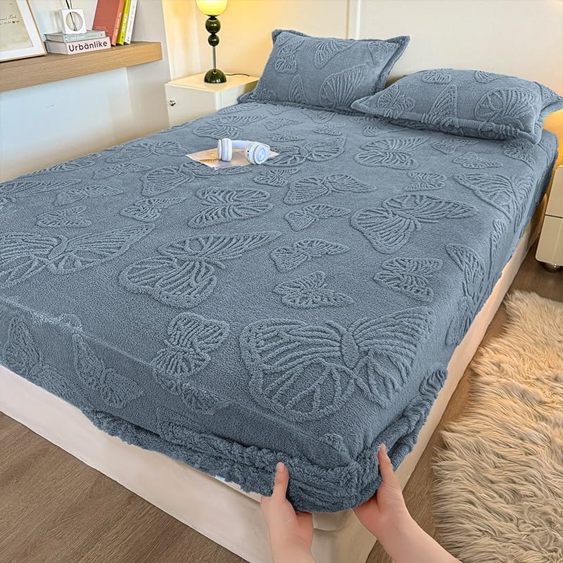 Lenzuolo con angoli in flanella, super morbido, termico e caldo, soffice lenzuolo con angoli profondi 30 cm, per l'inverno (blu-grigio, king size)
