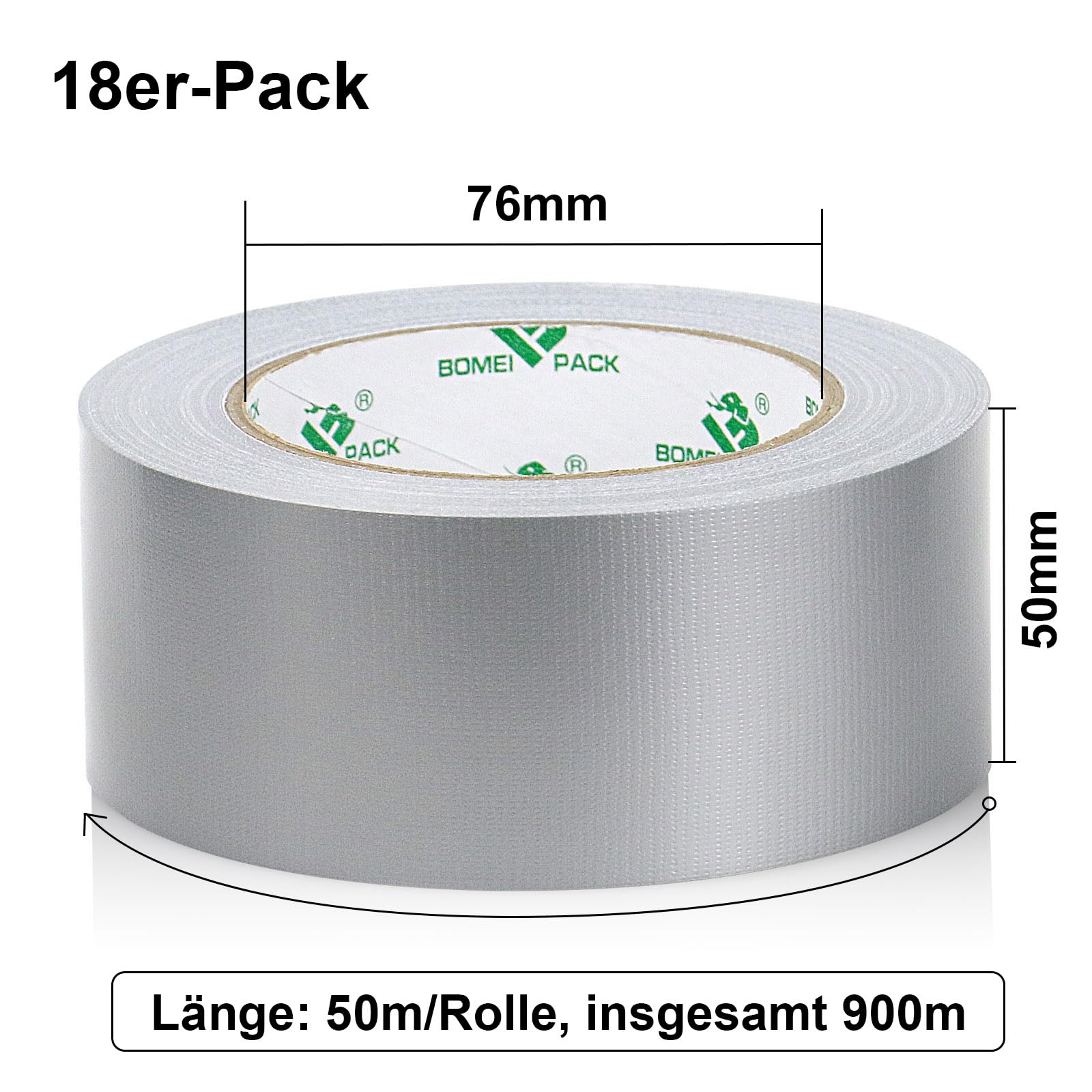 BOMEI PACK Lot de 18 rouleaux de ruban adhésif blindé imperméable - 50 mm x 50 m - Argenté - Ruban adhésif en tissu - Ruban adhésif en tissu - Duct Tape - Ruban adhésif étanche - Couleur : gris