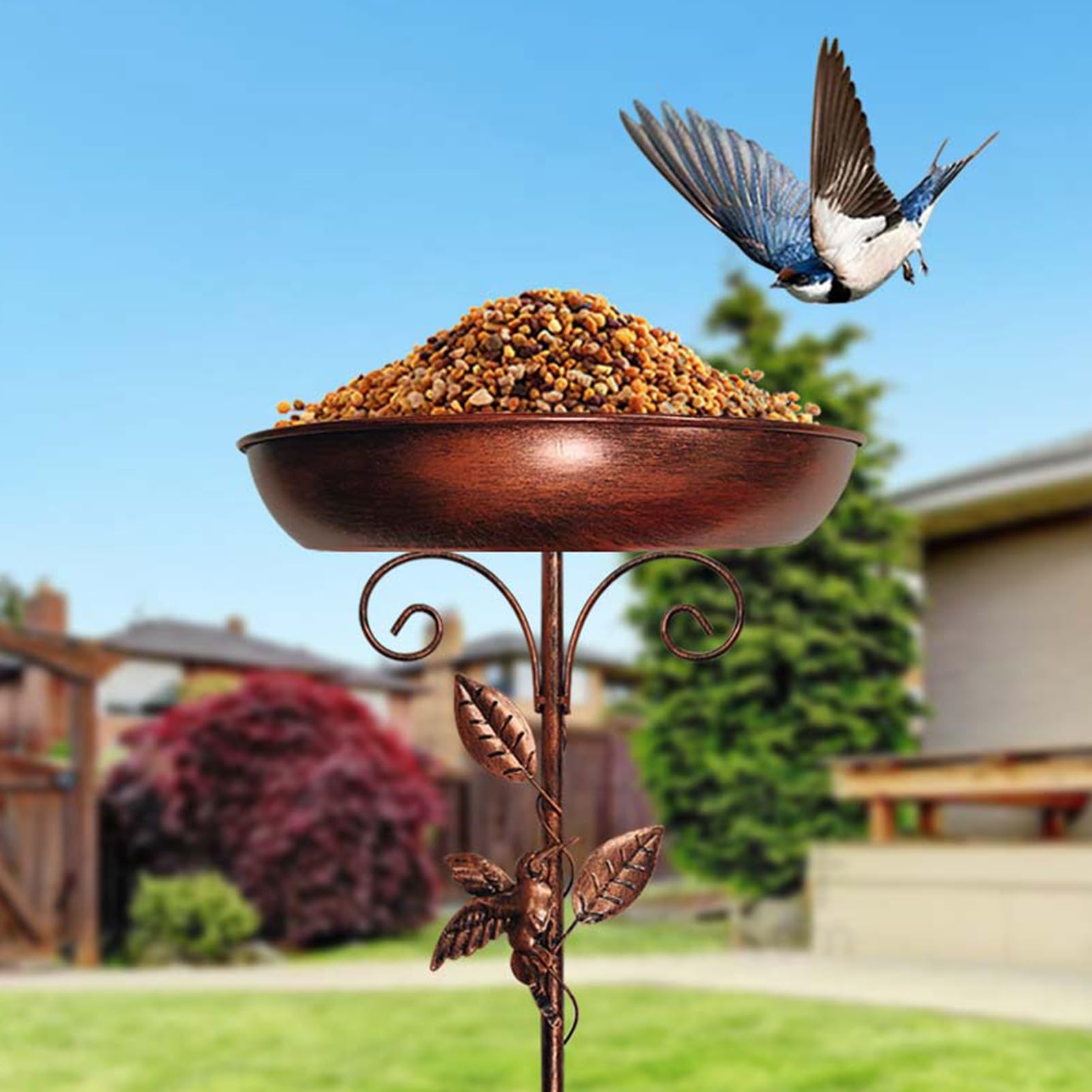 35 pouces Abreuvoir pour oiseaux debout, bain d'oiseaux pour le jardin, bain d'oiseaux en métal vintage autoportant avec base stable à 5 branches, abreuvoir pour oiseaux grand résistant au