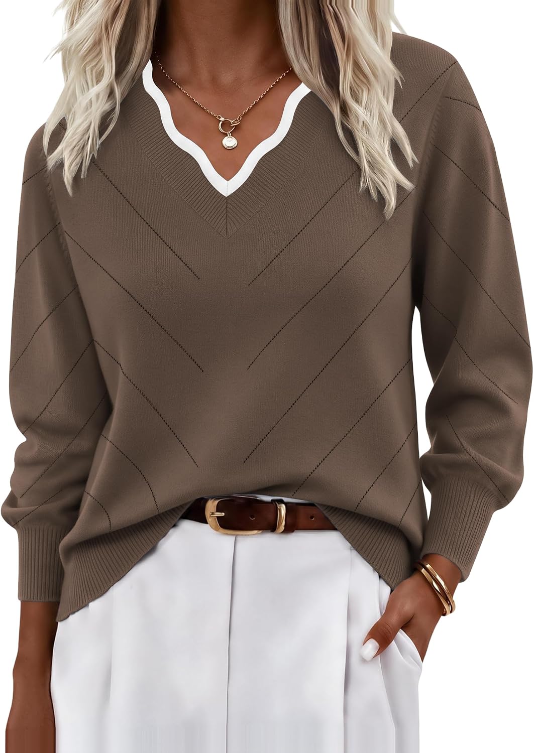 Ekouaer Women's Fall V Neck Sweaters Knit Lightweight Long Sleeve Tops 2026