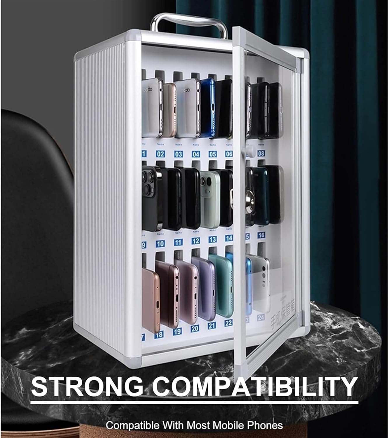 携帯電話ロッカー、携帯電話収納キャビネット、アルミニウム合金ポケットチャートストレージキャビネット、携帯電話用壁掛けロック付き、手で