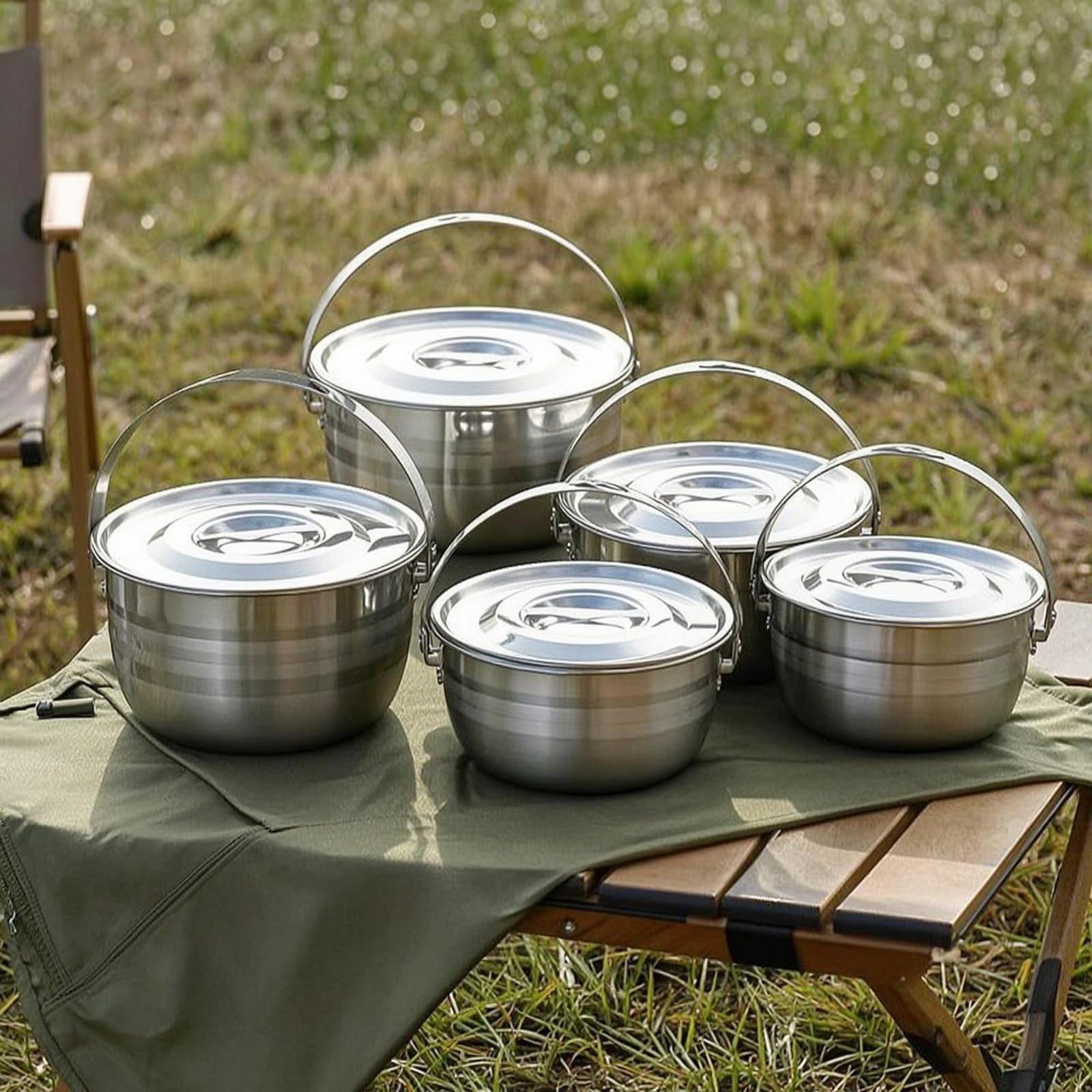 rockible 4 Pièces Équipement Culinaire Camping en INOX Compact Kit Cuisson avec Sac Transport Facile à Nettoyer Vaisselle pour Pique-Nique, Randonnée