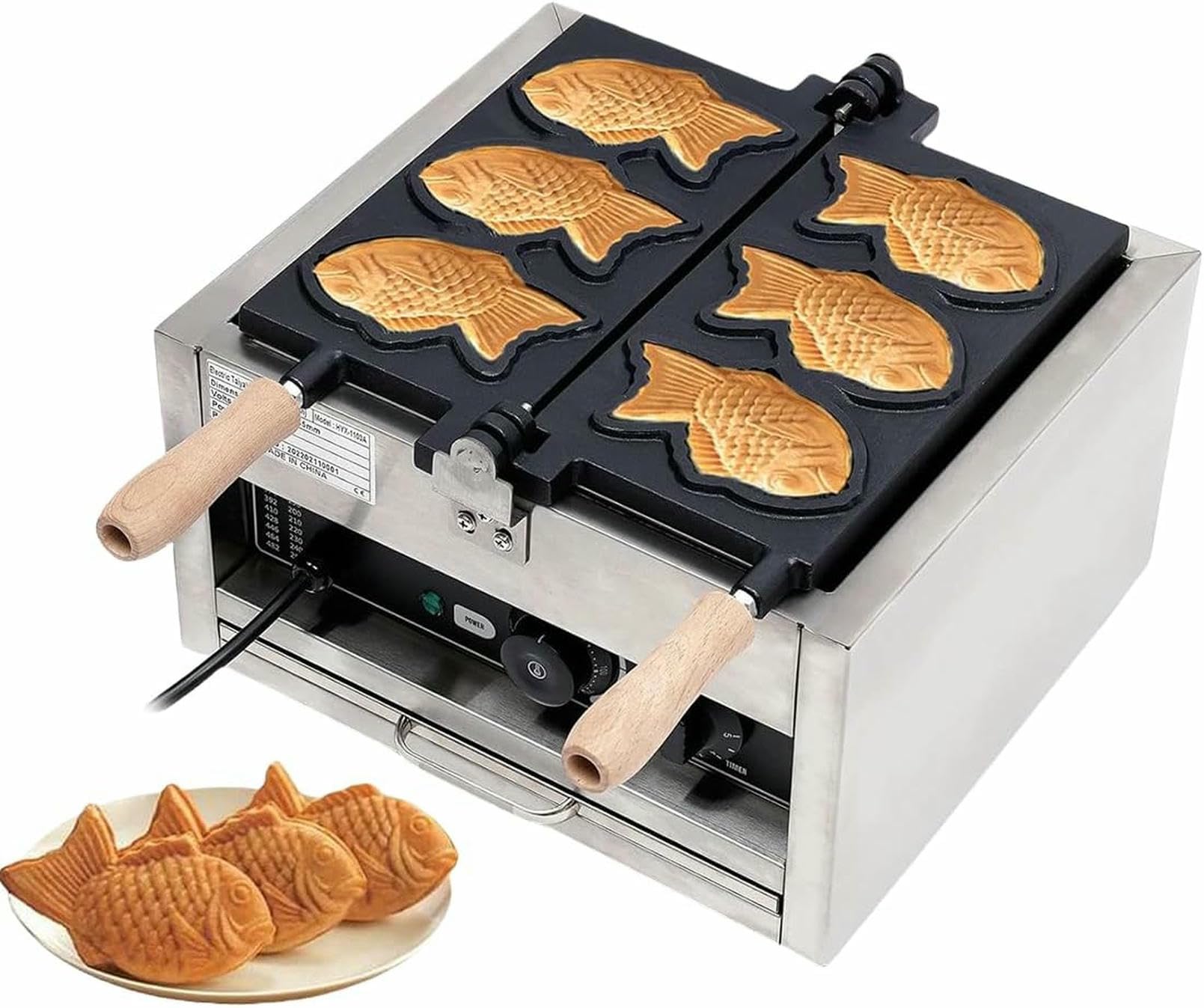 Macchina Per Waffle Elettrica Antiaderente Commerciale A Forma Di Pesce Da 2000 W, Macchina Per La Preparazione Di Taiyaki Da 3 Pezzi, Con Controllo Del Tempo, Macchina Per Waffle In Acciaio Inossida