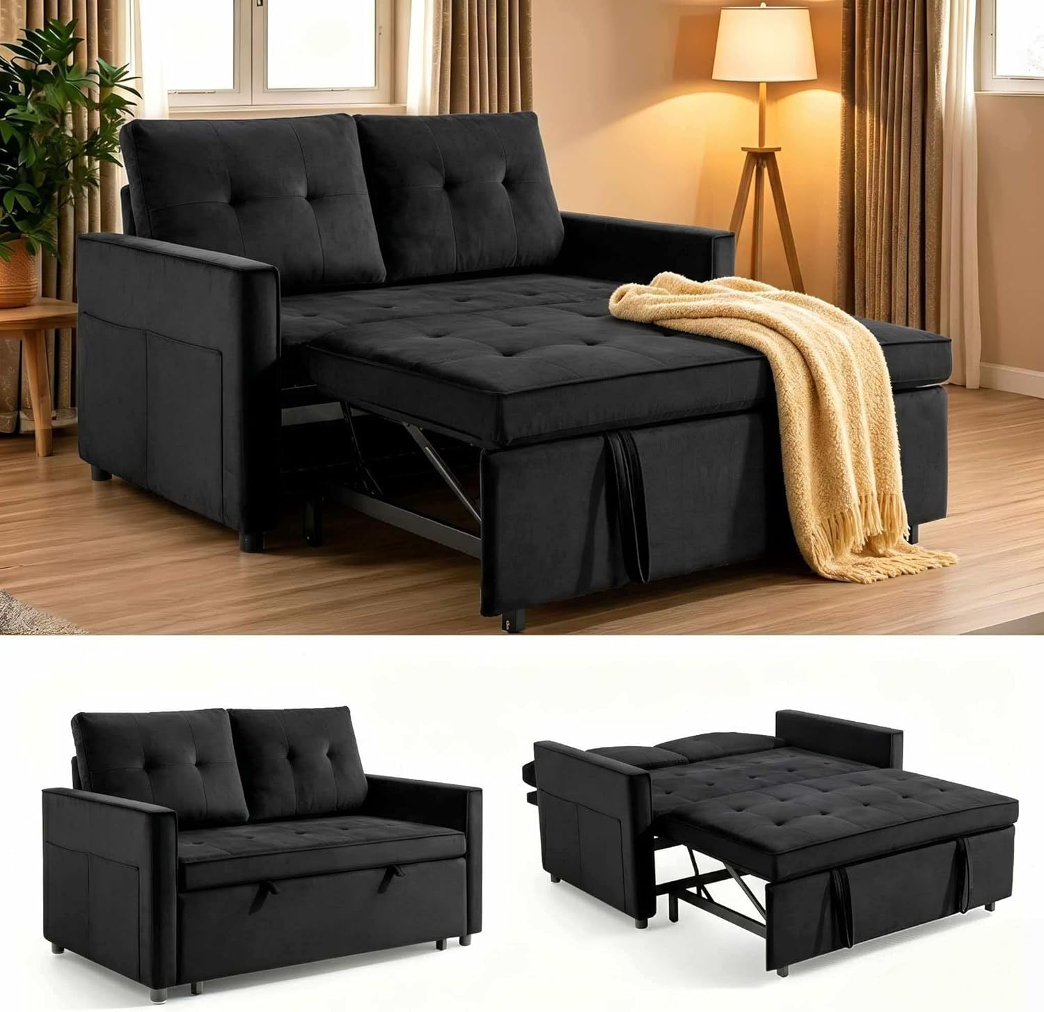 Wakefit 3 in 1 Convertible Sleeper Sofa Bed – 54" Pull Out Couch, Loveseat Futon for Living Room, Bedroom, Apartment, Black | Adjustable Backrest, Velvet Fabric, Side Pockets, Space-Saving, Pocket Springs, High-Density Foam