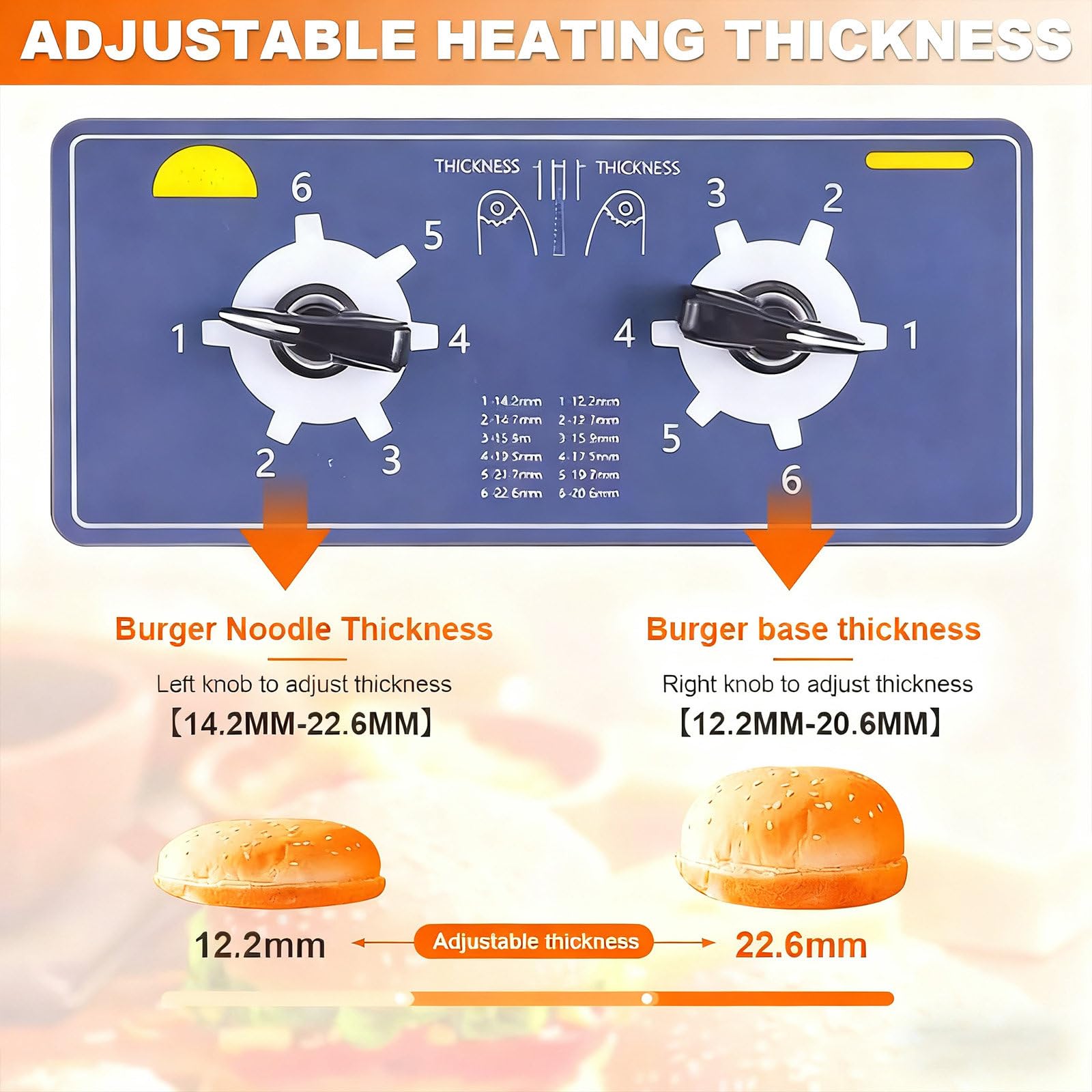 Mały opiekacz do hamburgerów, 2000 W, opiekacz do bułek, grubość dolna 12,2-20,6 mm, 50-300°C, stal nierdzewna spożywcza – idealny do food trucków, kawiarni i sklepów spożywczych.