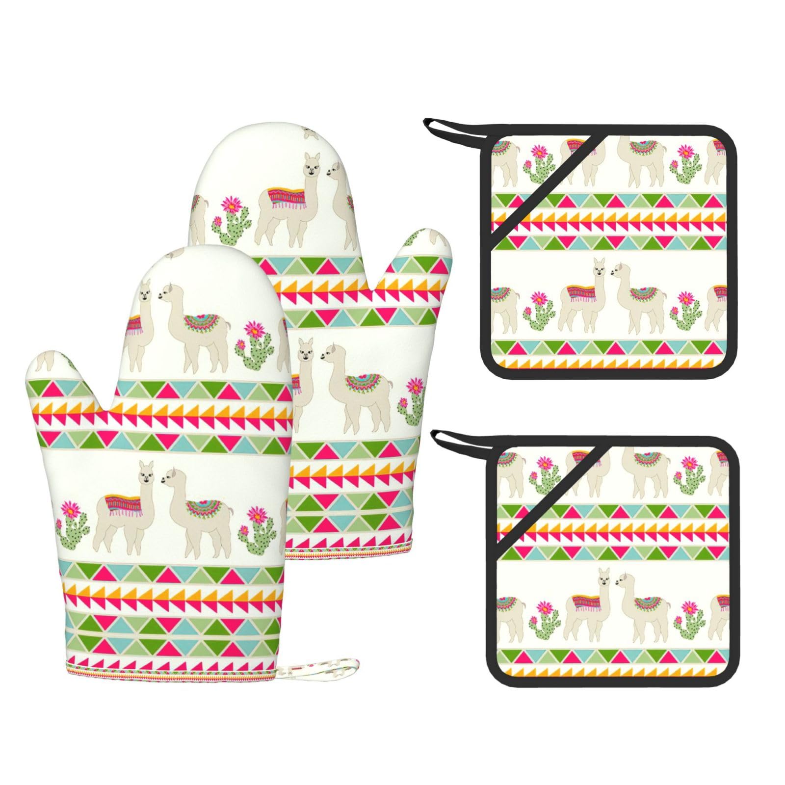 Llama and Cactus Fashion Printed Kitchen Kit with Heat Resistant Oven Mitts & Non-Slip Hot Pads for Baking