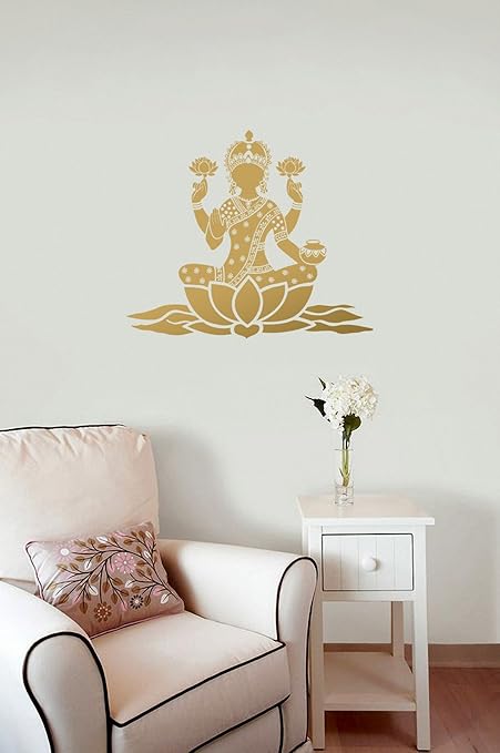 WallDesign Lotus Lakshmi Metal Painted Effect Wall Sticker Gold Colour (Large) - 23 inch Height by 17 inch Width