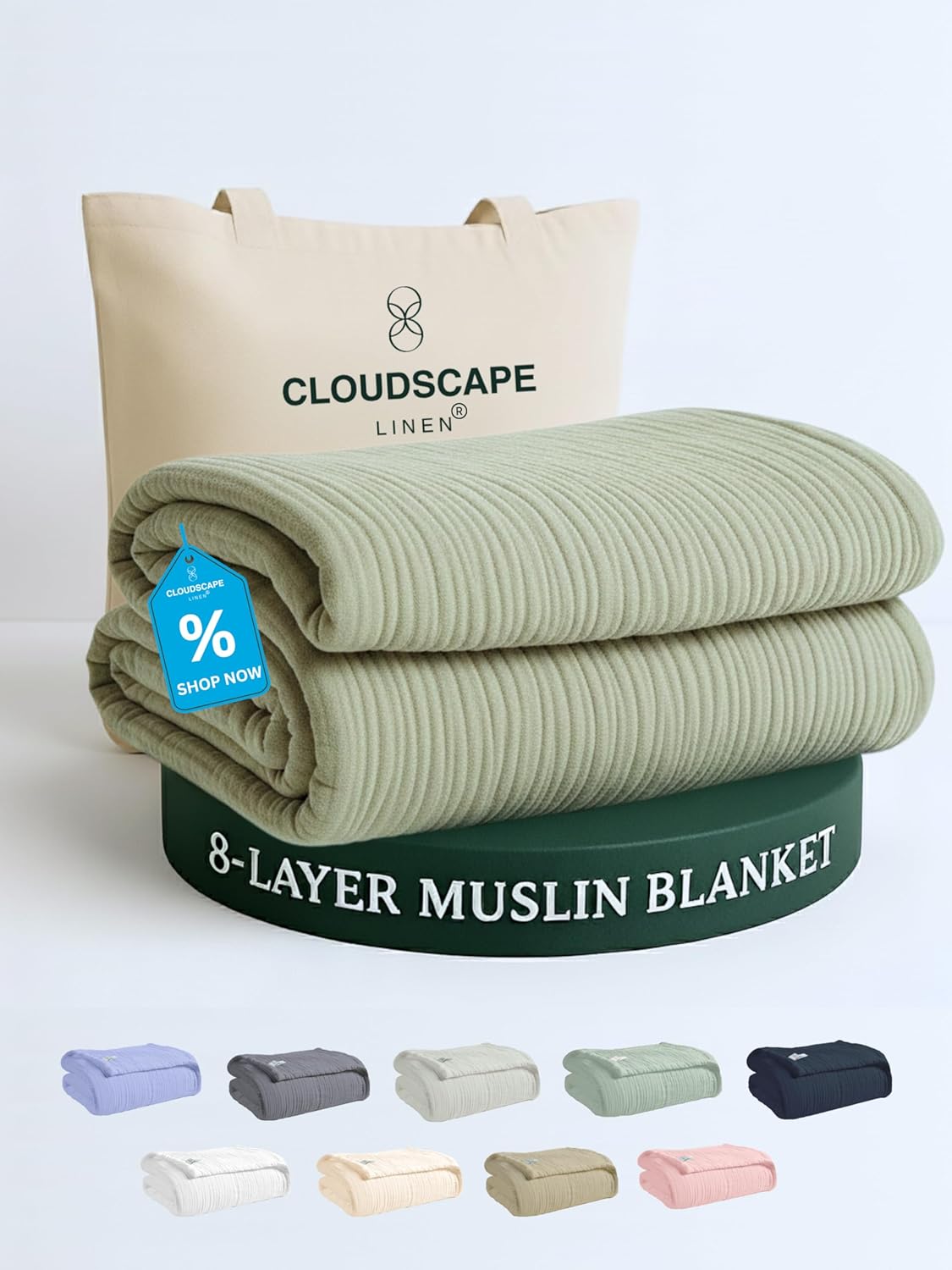 Cloud Scape Linen 8-Layer Muslin Blanket Queen Size - 100% Cotton, Soft and Breathable, Oversized Winter Blanket, Fits up to Full Size Bed, 92x92, Sage Green