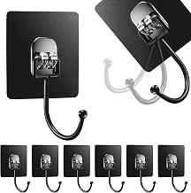 Adhesive Strong Hooks, 3.1 x 3.1 inches (8 x 8 cm), Load Capacity 55.1 lbs (25 kg), Wall Mounted, Black Hook, Stainless Steel, Corrosion Resistant, Rust Free (6, Black)