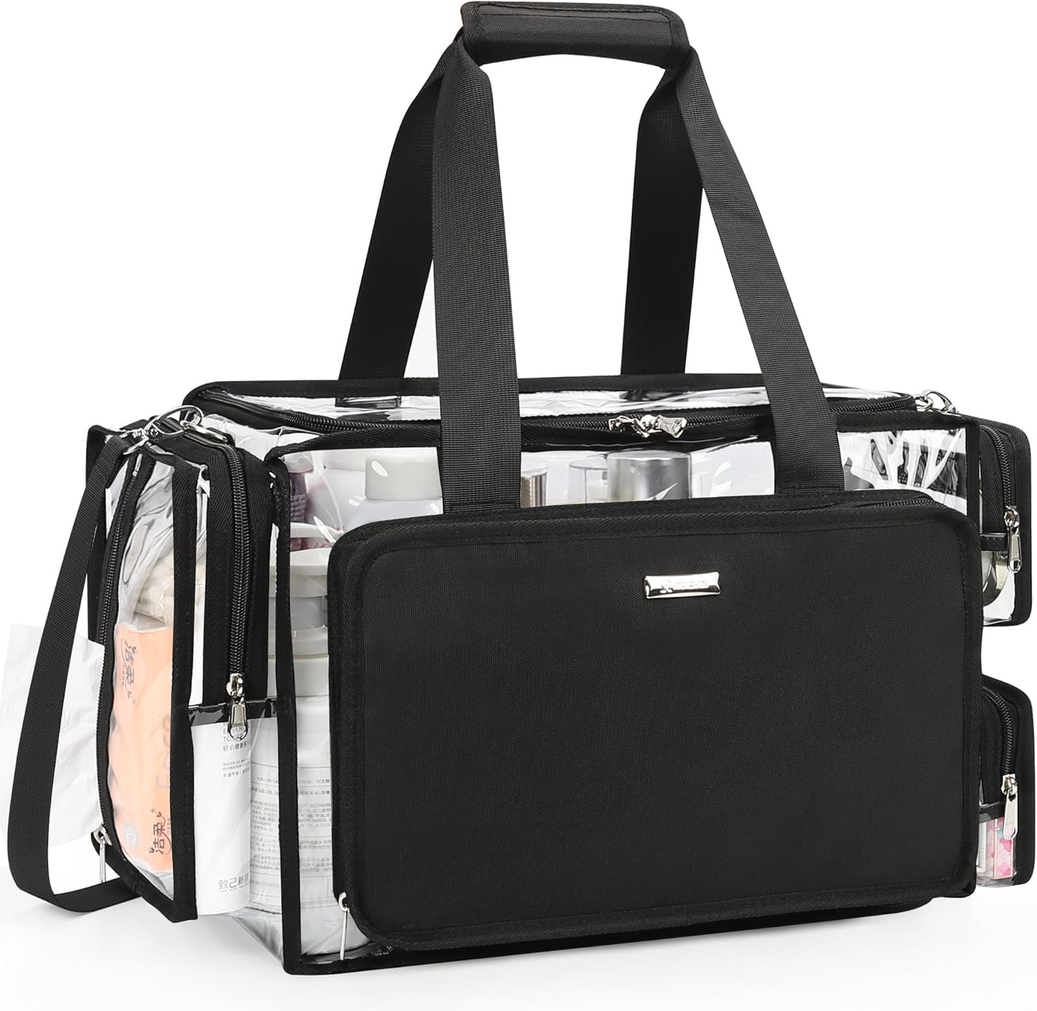 Relavel Bolsa de maquillaje transparente XXL - Juego de cosméticos profesional para viscosos y barberos, organizador de belleza de viaje con compartimentos ajustables, bolsa de lona transparente para