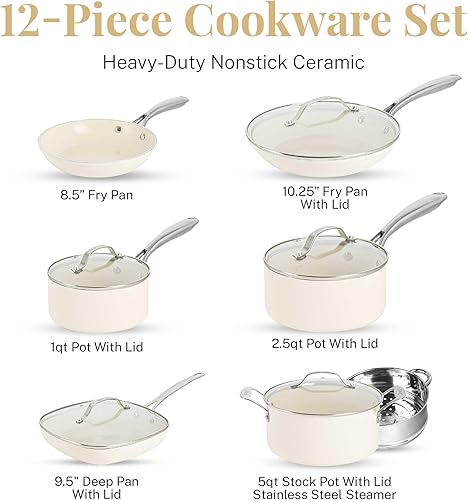 Miniatura 3 de Gotham Steel Juego de ollas y sartenes de cerámica de 12 piezas con sartén de 5.5 cuartos de galón, juegos de utensilios de cocina antiadherentes,