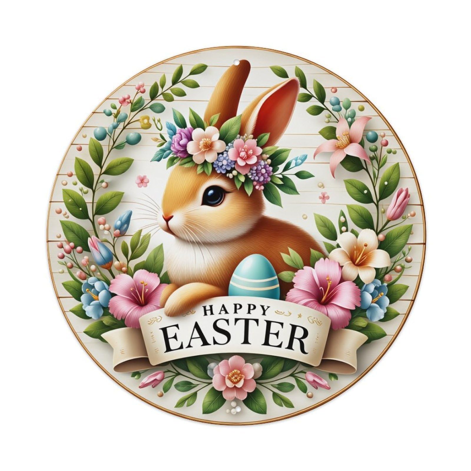 Easter Bunny Floral Wreath Egg Round Tin Sign Retro Metal Sign for Cafe Bar Pub Home Game Room Gym Club Wall Decoration Vintage Metal Poster 8x8 Inch