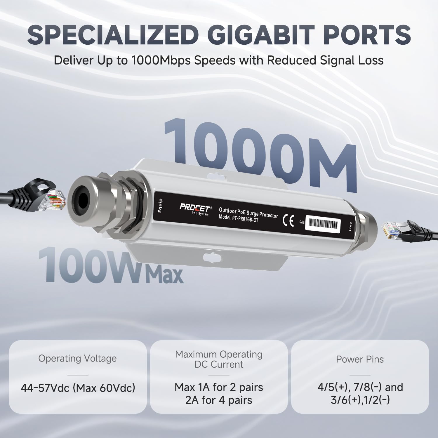 PROCET Ethernet Surge Protector Gigabit Outdoor - 20KV Industrial Lightning Arrestor for -40°F to 149°F, IP67 Rated, 100W PoE++ RJ45 Surge Protector, Gas Discharge Tube（GDT）, PT-PR01GB-OT