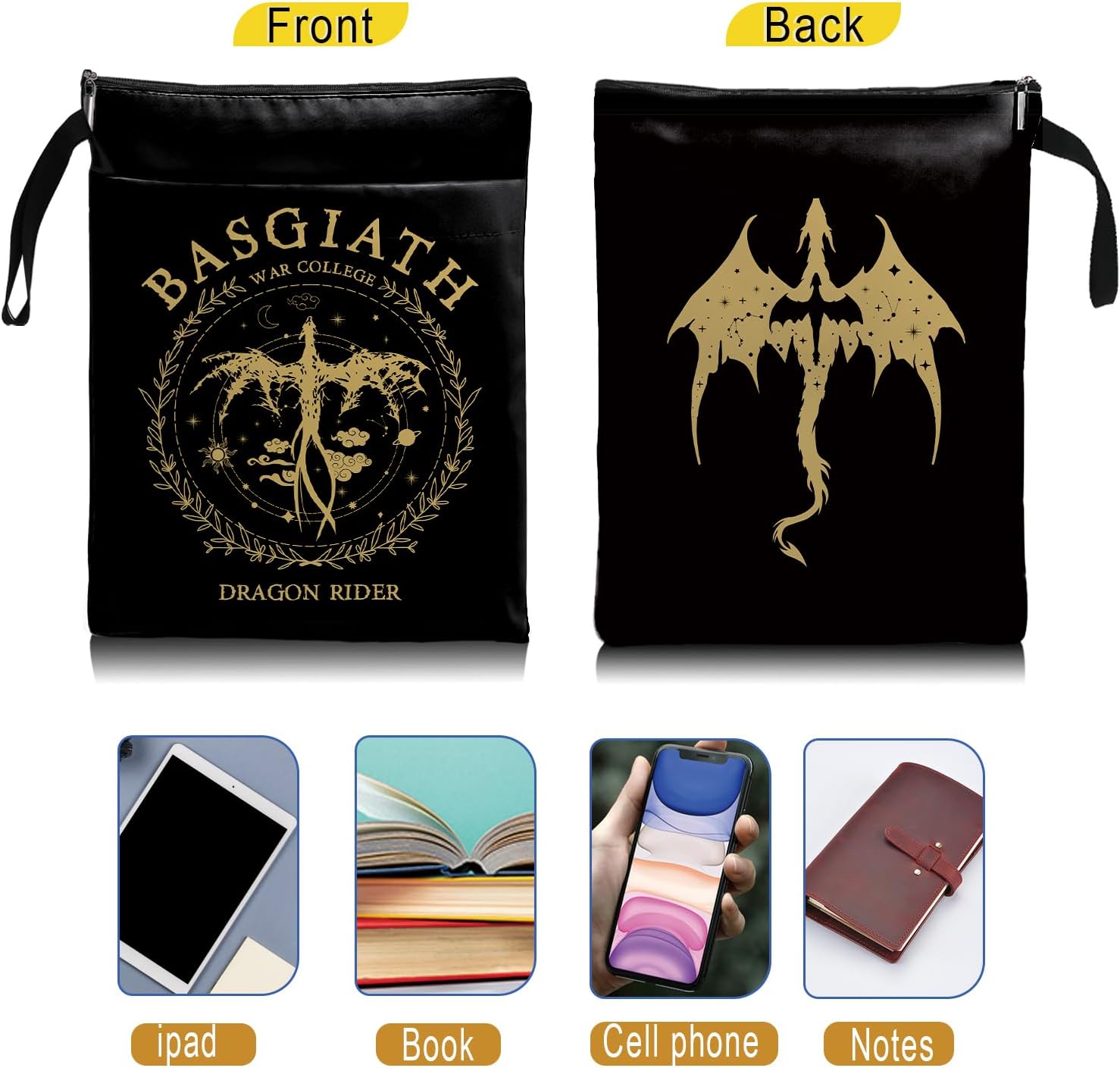 Book Cover Dragon Ridder Inspired Gift, Dragon Merch Pattern Reusable Book Pouch, BASGIATH WAR COLLEGA Book Sleeve for Book Lovers (Black-Dragon 2, Large) - Image 6