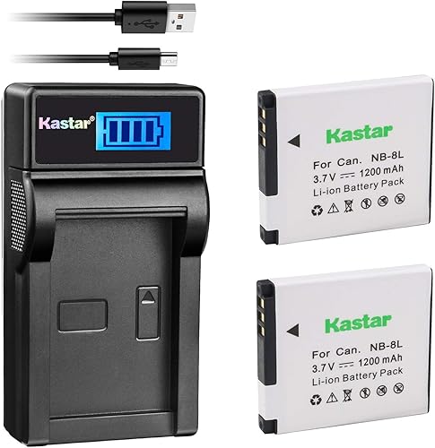 Miniatura 1 de Kastar Batería (X2) y cargador USB delgado LCD para Canon NB-8L, NB8L, CB-2LAE y Canon PowerShot A2200, PowerShot A3000 es, PowerShot A3100 es,