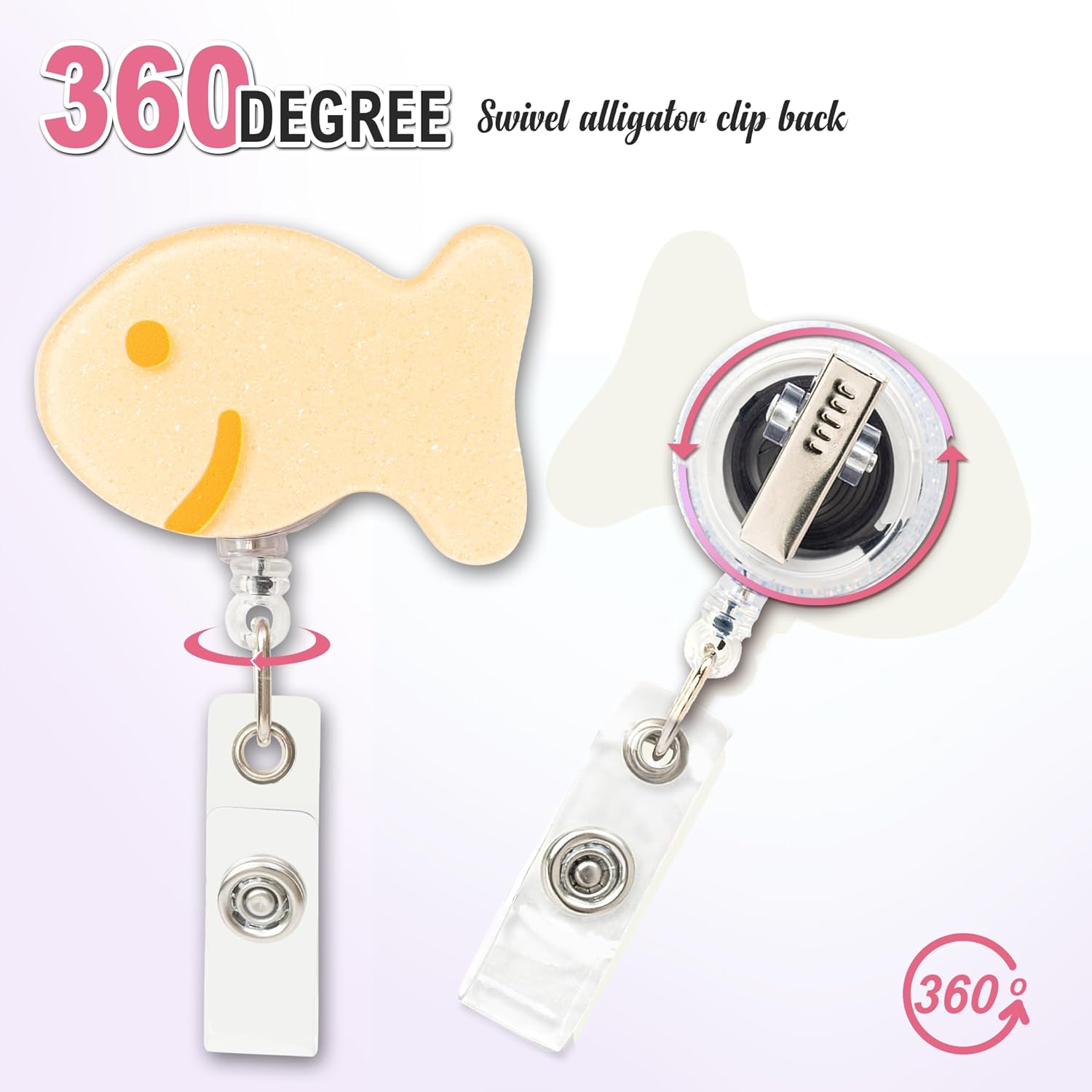 Glitter Fish Badge Reel Retractable – Cute Nurse Badge Holder for Medical Workers, RN, LPN, CNA & Students | Pediatric ID Badge Reel with Glitter Acrylic Fish, Alligator Clip & 24” Nylon Cord - Image 2
