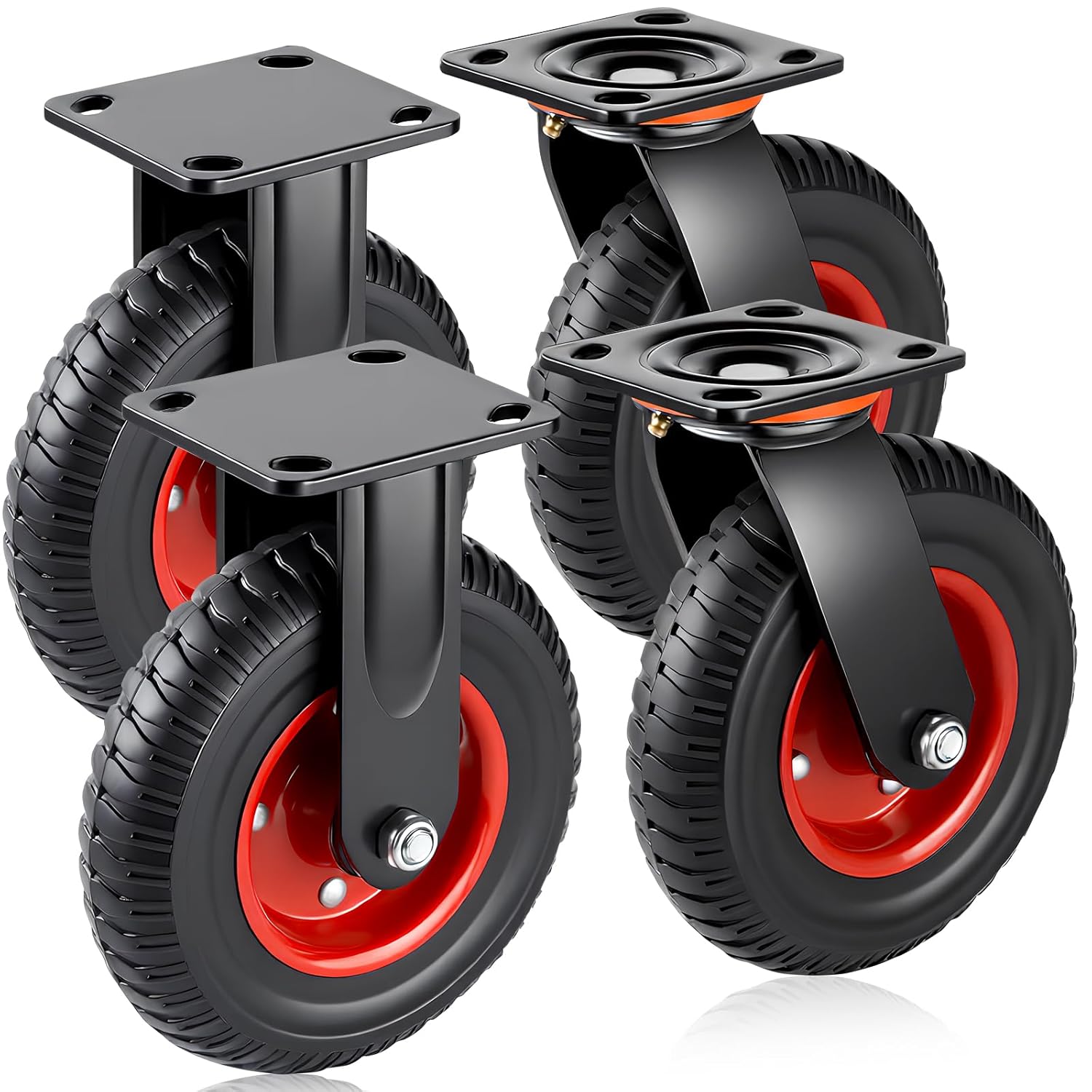 8 Inch Caster Wheels Set of 4 Heavy Duty, Solid Rubber All Terrain Castors 2200 LB Capacity Off Road Roller Wheels Industrial Plate Casters for Furniture, Cart, Chicken Coop, Workbench, Dolly