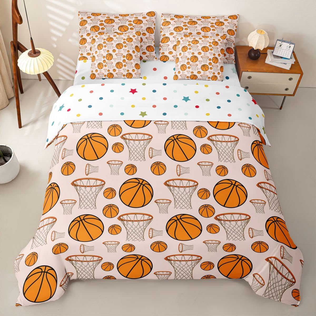 Loussiesd Juego de ropa de cama de 7 piezas con funda de edredón, sábanas, fundas de almohada, fundas de almohada, fundas de cojín, para niños y niñas, tamaño doble, diseño de baloncesto