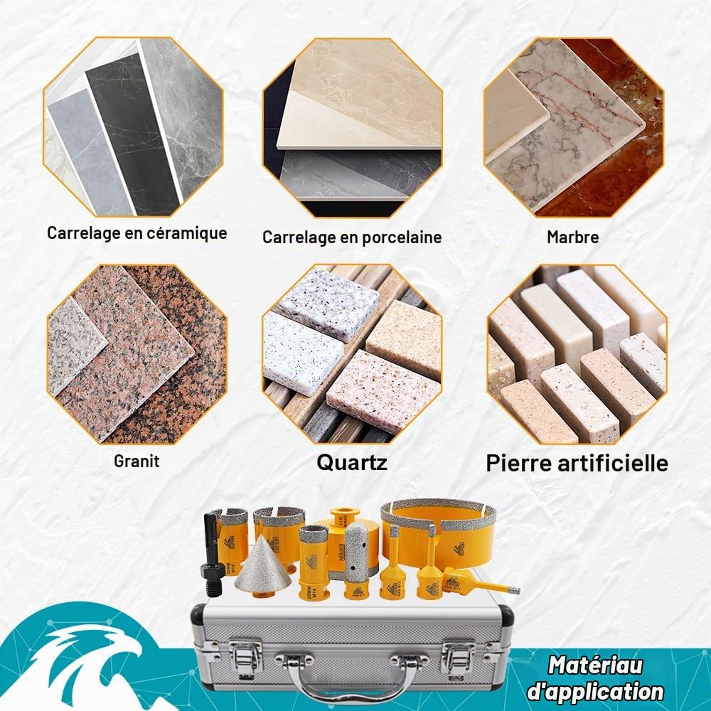 Foret Diamant Carrelage Kit - 11 pièces (6/6/8/25/35/50/68/110mm+20mm Fraise+50mm Mèches Chanfrein Biseautées+Adaptateur) Scie Cloche Diamantée pour Porcelaine Carrelage Marbre Granit