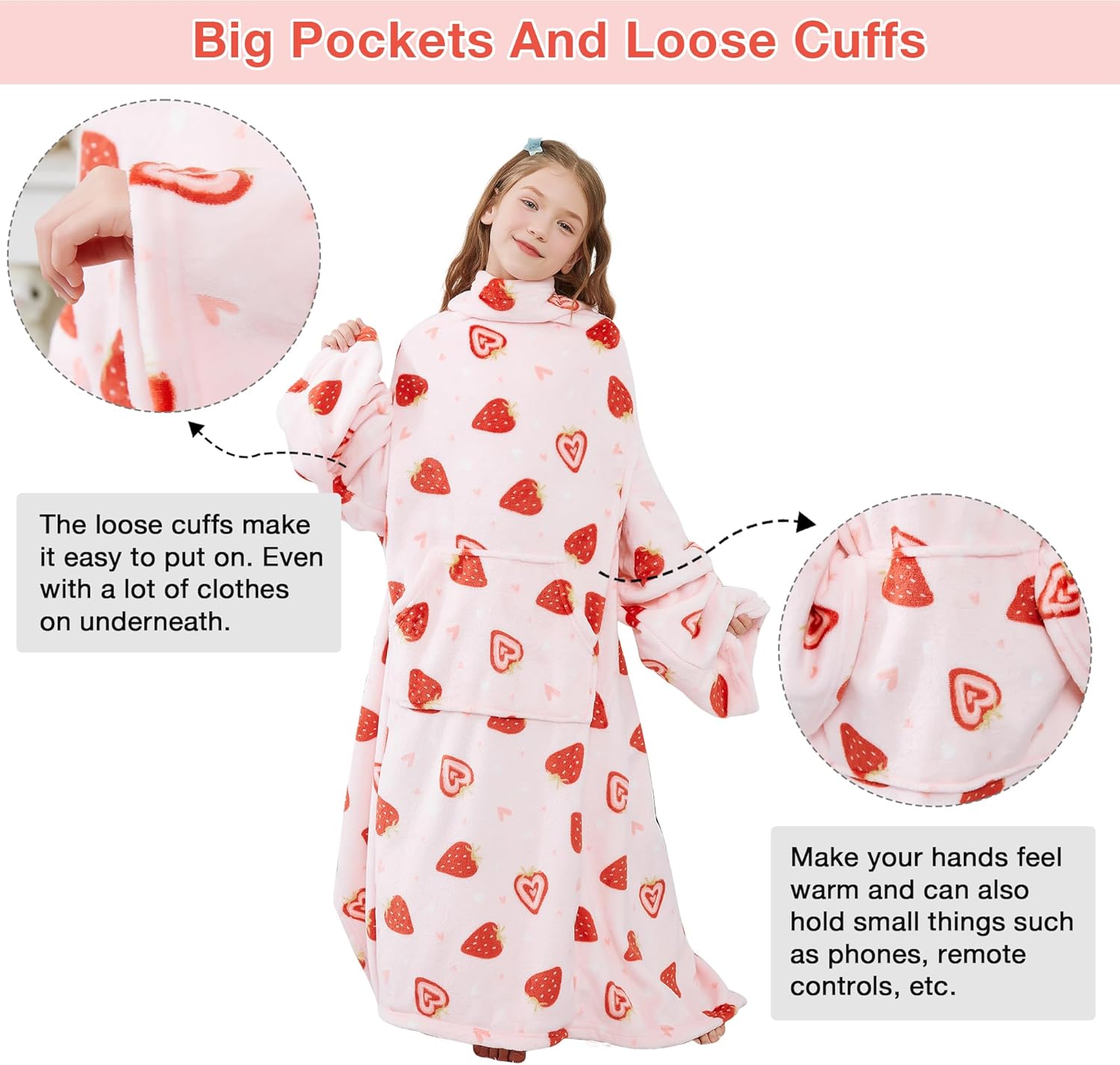 Viviland Wearable Fleece Blanket Hoodie, Blanket Hoodie for Kids with Sleeves & Foot Pocket, 47" X 47" Lightweight Soft Like Flannel, Pink Strawberry Pattern - Image 4