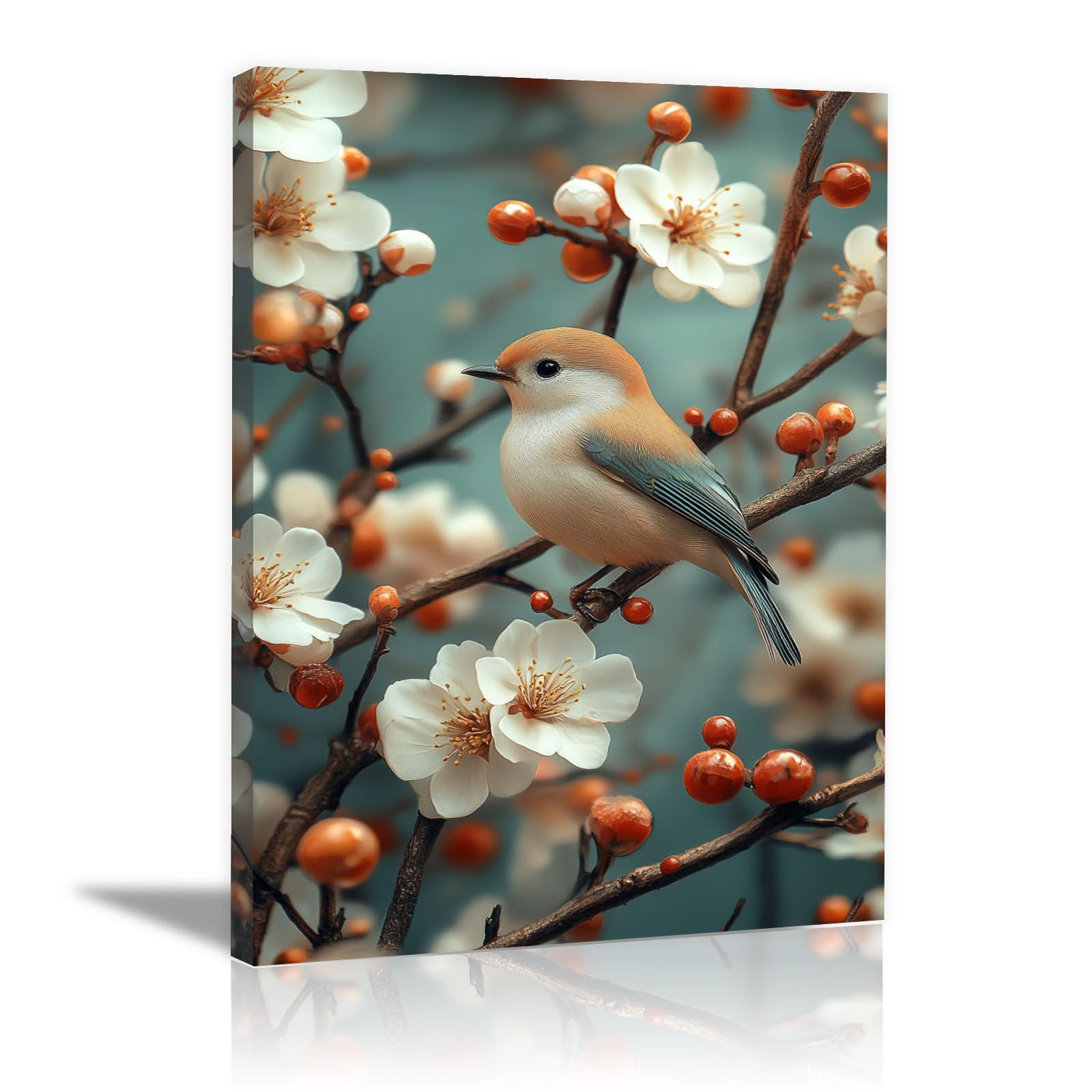TERUEA Póster lienzo impreso con flores abstractas, Flores blancas y pájaros Cuadros para Salon Foto con Lienzo Canvas Laminas Cuadro Dormitorio（Blanco-80x120cm Enmarcado