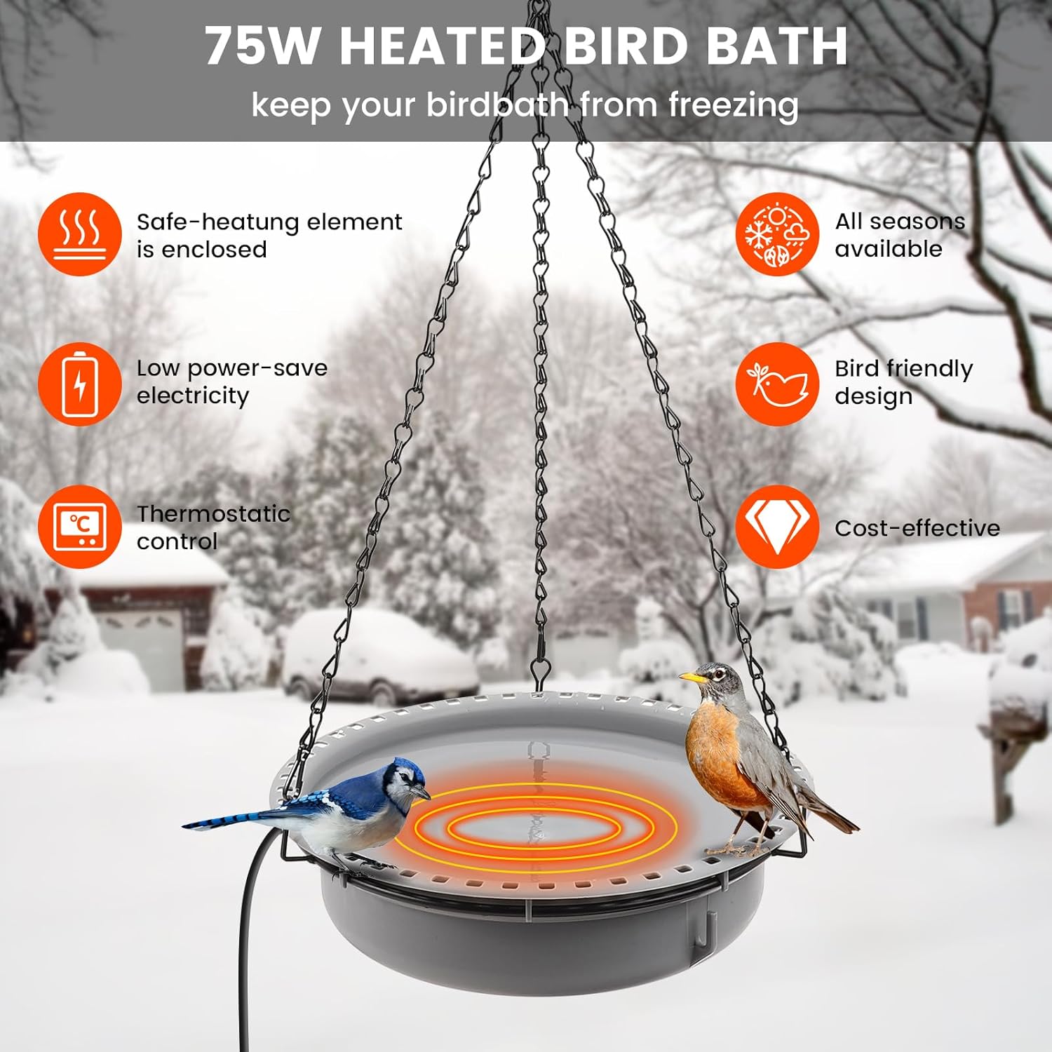 Hanging Heated Bird Bath for Outdoors for Winter, Large Capacity Heated Birdbath Deicer,75W Thermostatically Controlled Birdbath Heater for Winter Garden Patio Yard Decoration