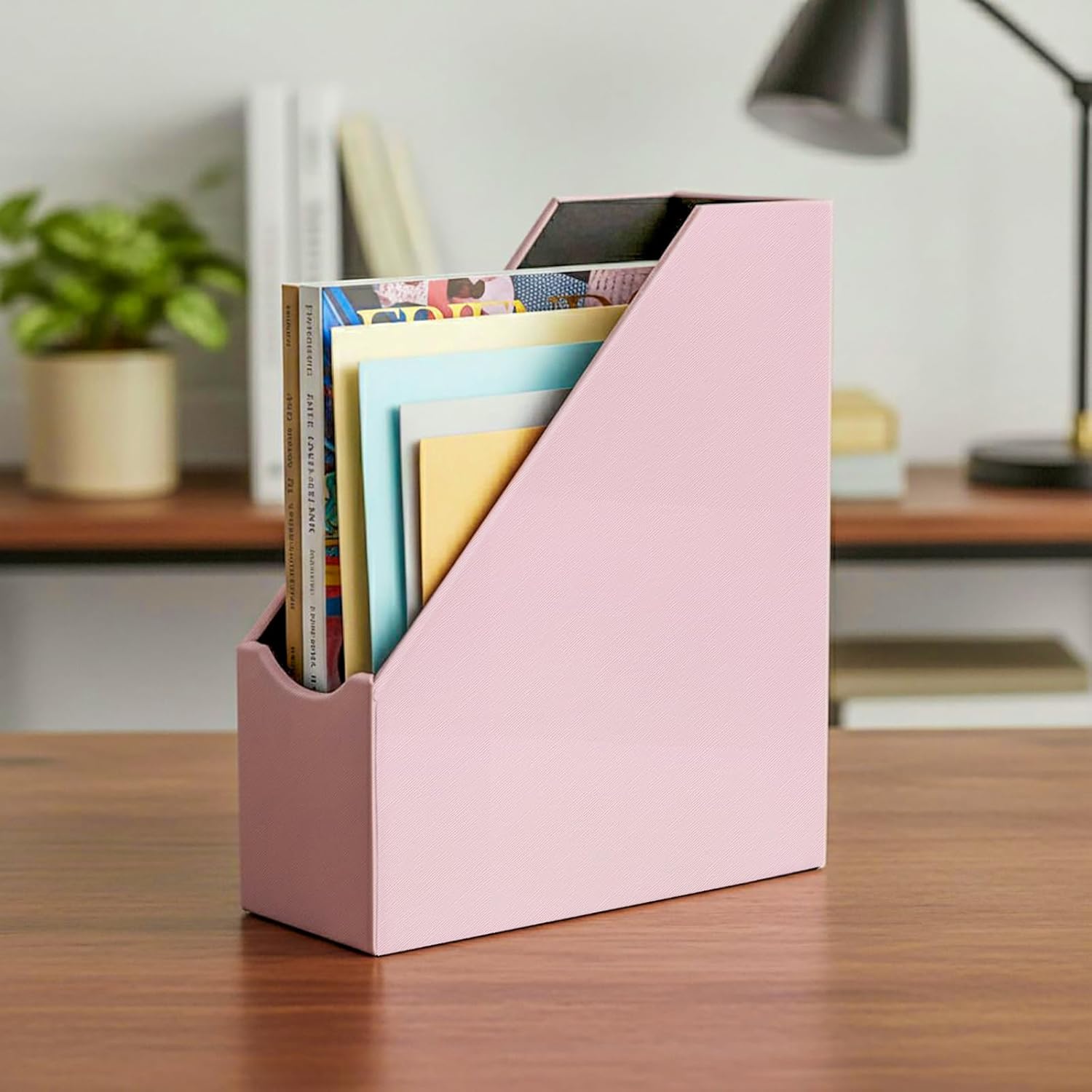 UnionBasic Magazine File Holder, Leatherette Desktop Document Organizer, Home Office Paper Holder File Storage Literature Sorter, Pink