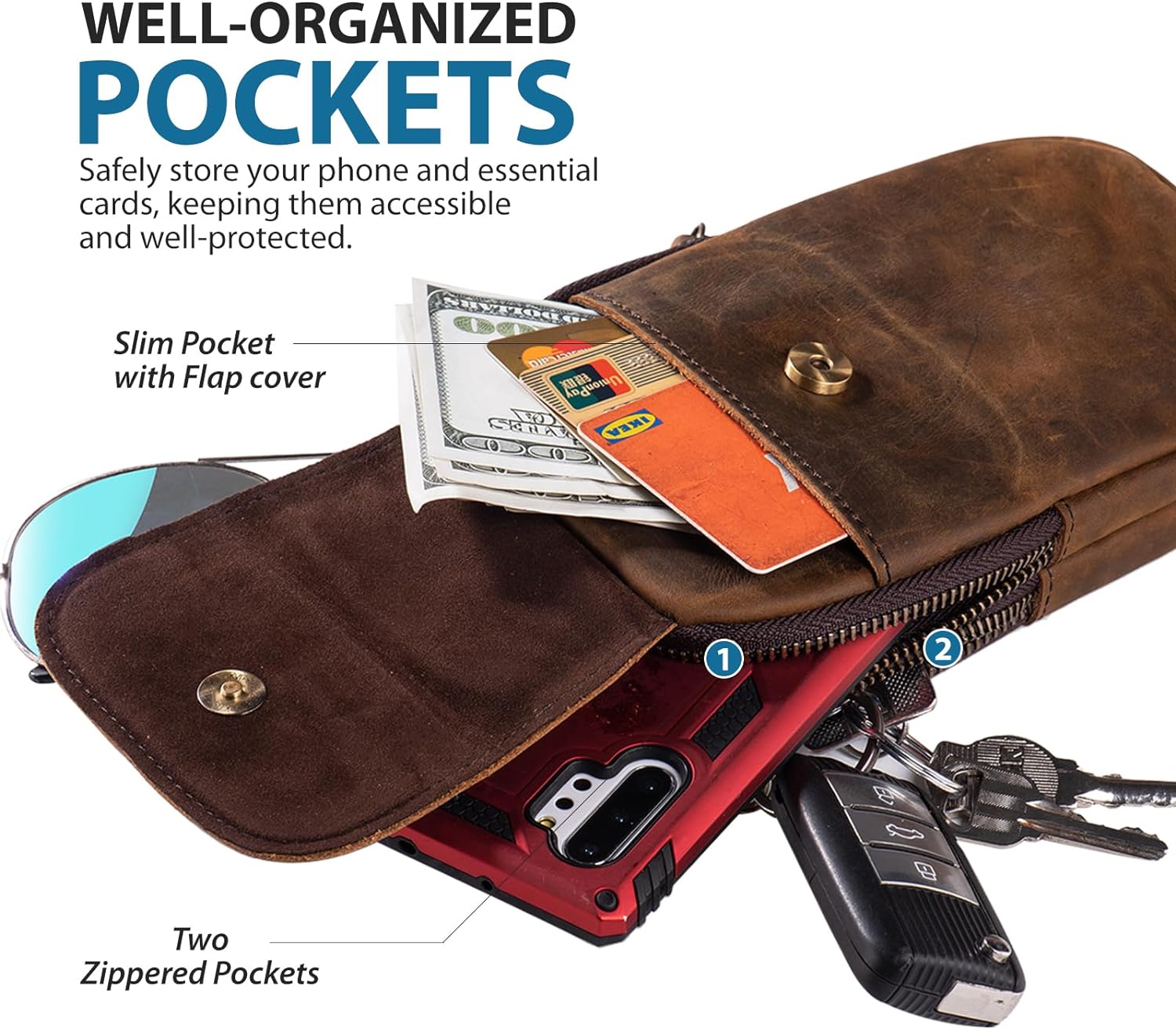 Hengwin Leather Men Cell Phone Holster Wallet Case with Belt Clip Travel Messenger Bag Waist Pouch Crossbody Purse Fits for iPhone 17 Pro Max 16 Pro Max 15 Pro Max Samsung Galaxy S25 Ultra (Coffee) - Image 3