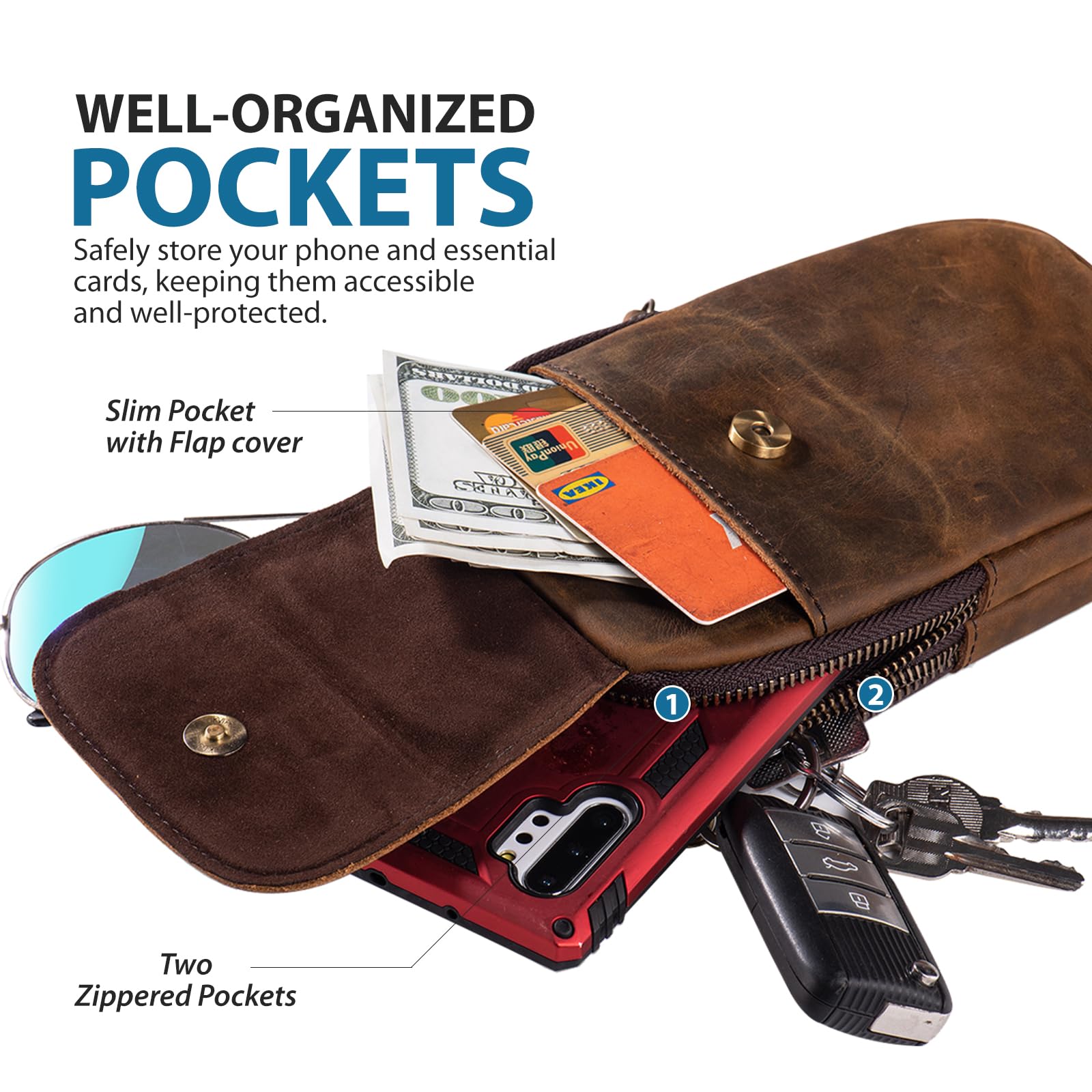 Hengwin echt Lederen Riem Zak, Crossbody Heuptas, Hiking Heuptassen, Smartphone Schouder Fanny Pack, Kleine Taille Riem Clip tas voor Mannen, Reizen Geld Portemonnee Messenger Handtas